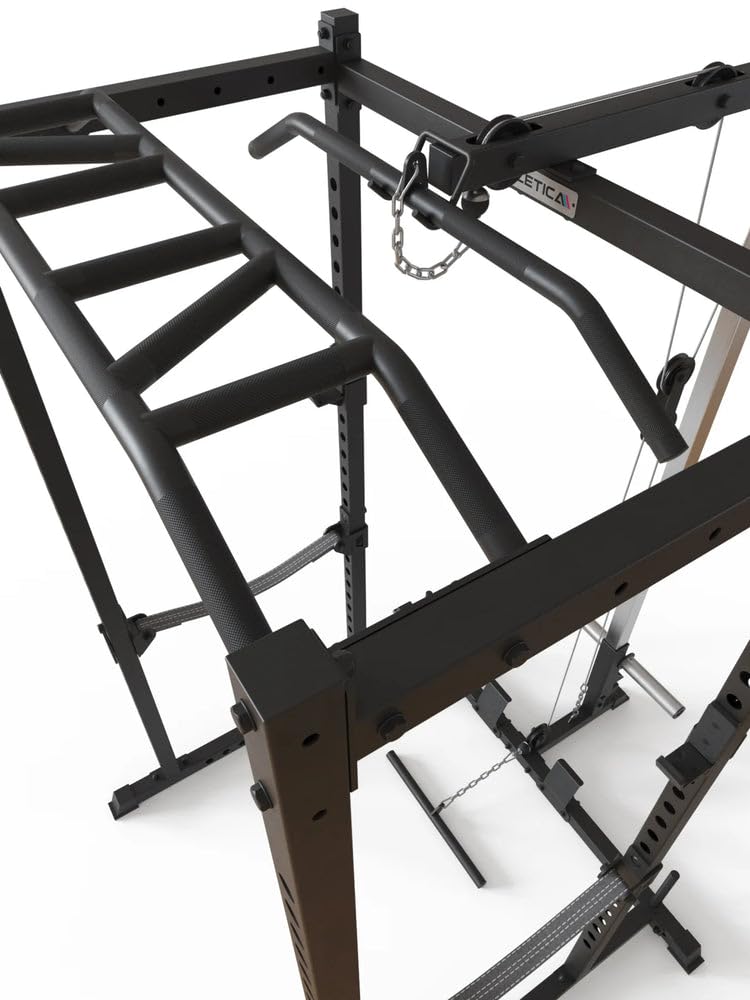 Atletica R5-Vega Power Rack | Power Cage mit Latzug | Multi-Grip Klimmzugstange, Safety Straps, J-Hooks & Weight-Pins | 213 cm Höhe | in Zwei Höhen verfügbar
