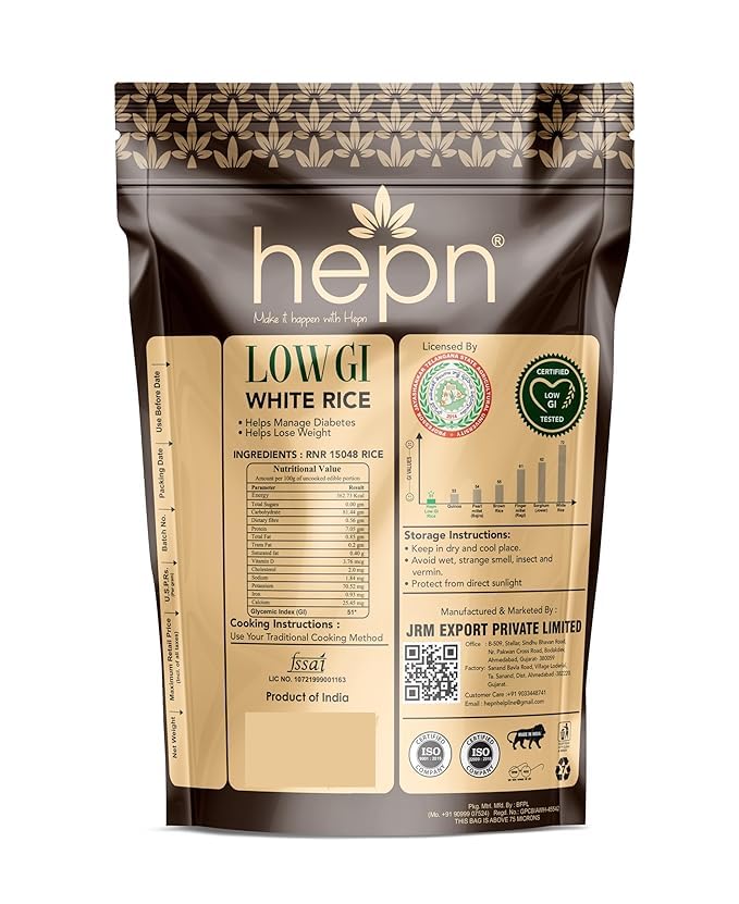 Image of hepn Low GI White Rice Pack of 2, 1.8kg, Lab Tested GI 41, Premium Low Glycemic Rice, Diabetic Friendly, No Added Sugar, Daily Rice