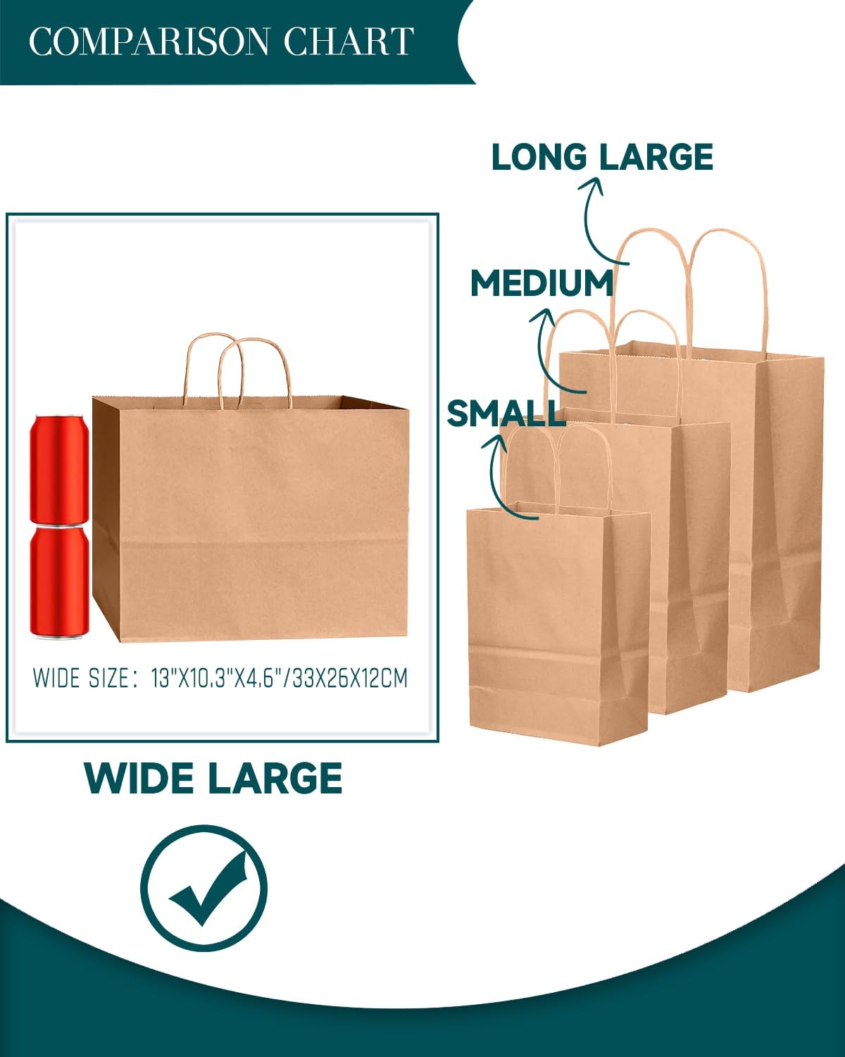 Bakepacker 100-Pack Wide Large Size Paper Bags With Handles Bulk 12.6"x4.3"x10" Brown Party Kraft Shopping Bags - Image 5