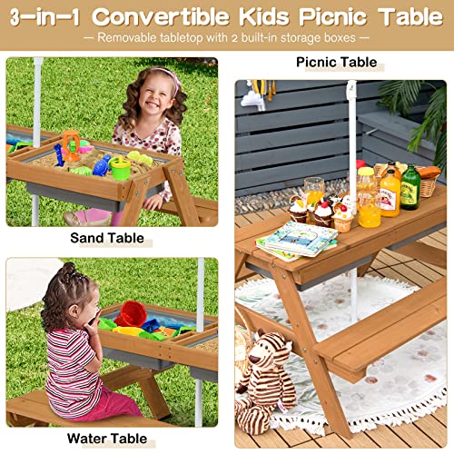 Costzon Kids Picnic Table, 3 In 1 Sand & Water Table W/Height Adjustable Umbrella, Removable Tabletop, Children Outdoor Toy Playset W/2 Play Boxes, Wooden Convertible Activity Play Table #TOP1
