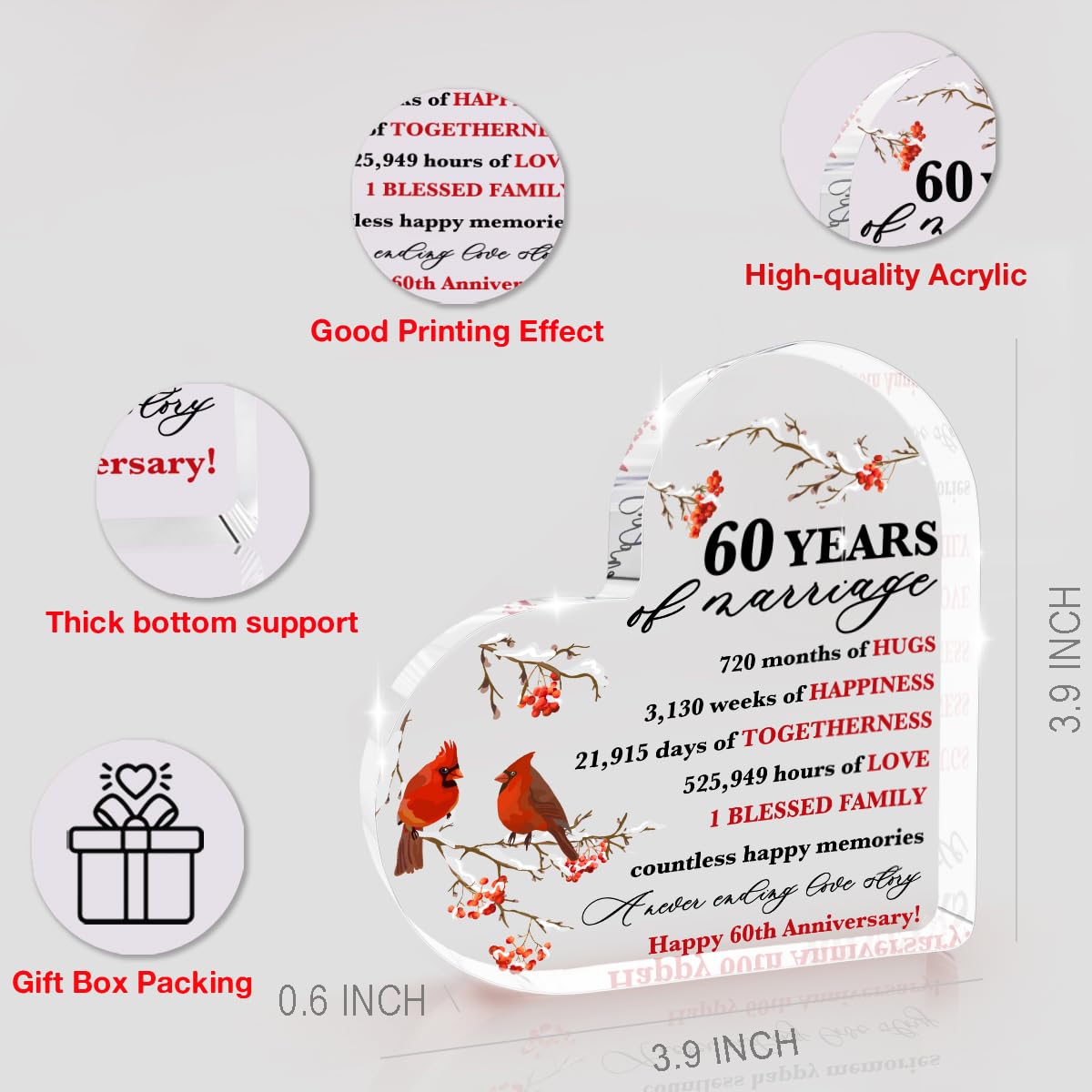 60 Years of Marriage Gift Happy 60th Anniversary Acrylic Decor Cardinal Gifts for Women 60th Wedding Anniversary Acrylic Gifts for Wife Husband Girlfriend Boyfriend Couple Home Office Desktop Decor