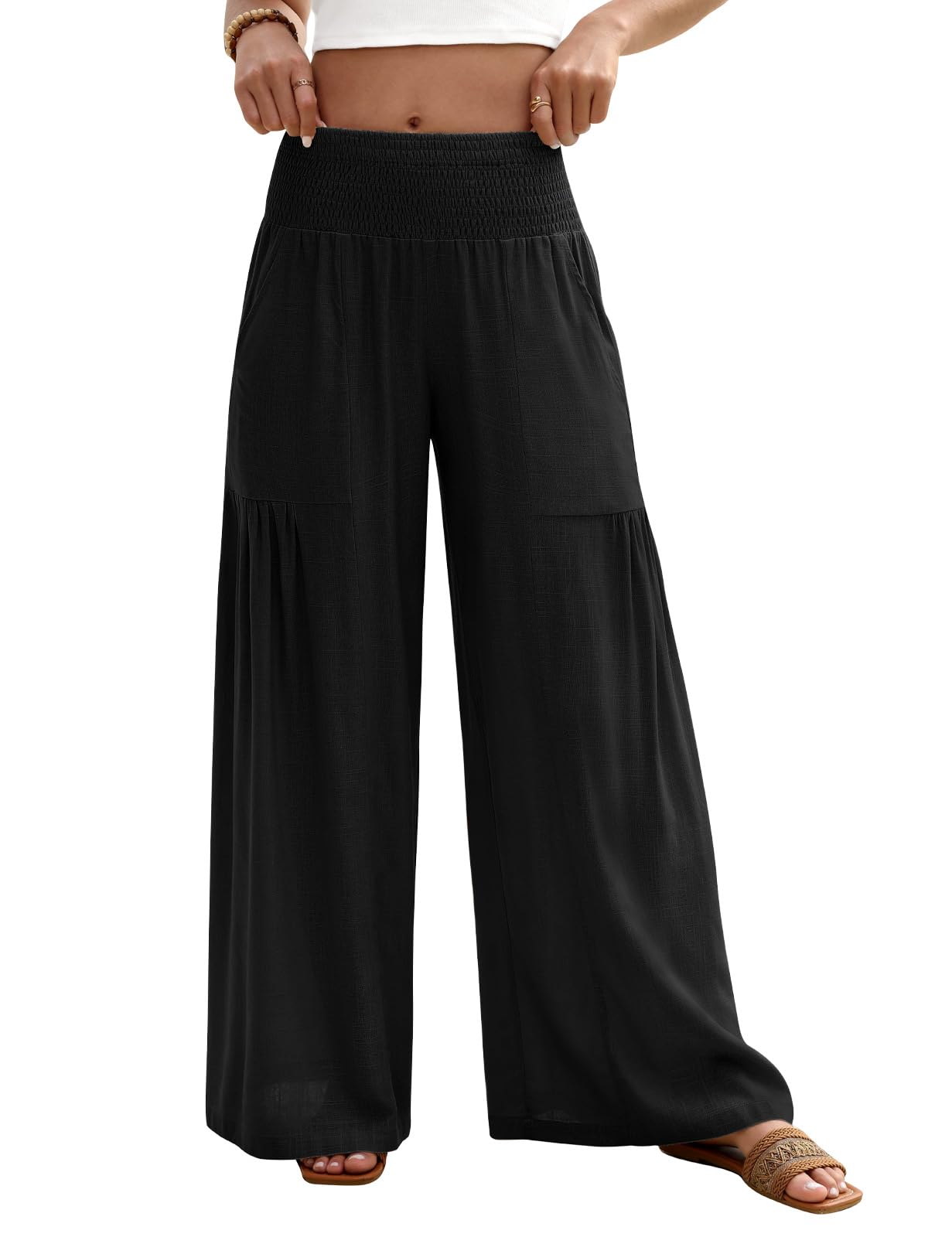 heekpek Pantaloni Lino Donna Estivi Leggeri Eleganti Pantaloni a Gamba Larga con Elastico in Vita Freschi Comodi Vita Alta Pantalone Largo con Tasche