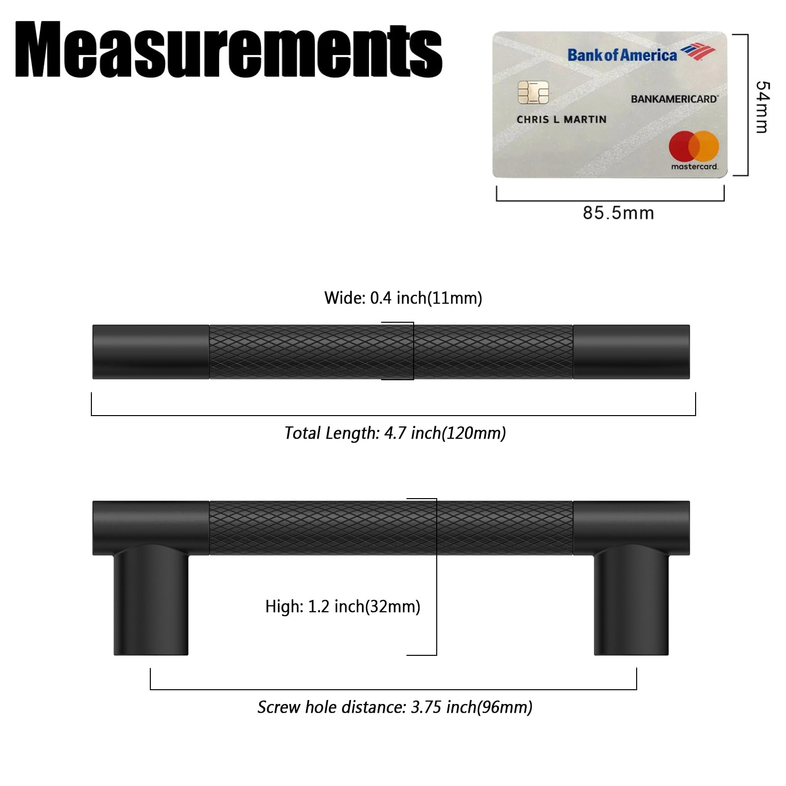 Paquete de 10 tiradores de gabinete de 3-3/4 pulgadas (96 mm), color negro mate, moleteados, tiradores de cajones para cocina, baño, clóset, aparador