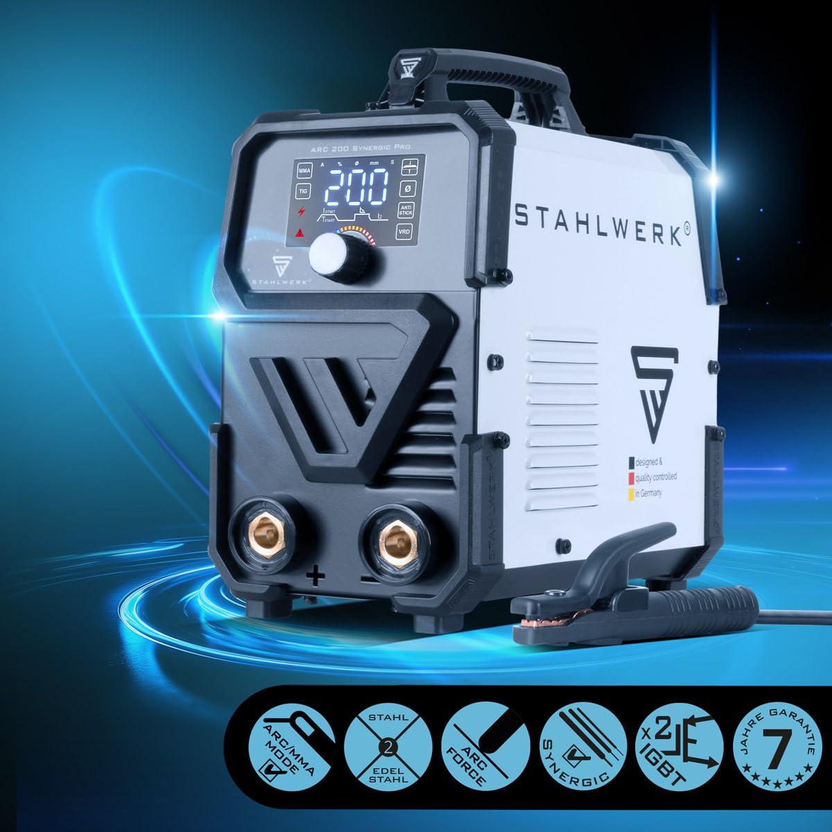 STAHLWERK Elektroden-Schweißgerät ARC 200 Synergic Pro Digital – MMA (E-Hand) bis 200 A, Schweißen ohne Schutzgas, Lift-TIG Inverter, Hotstart, Antistick-Funktion, Smartkühlung & Überhitzungsschutz