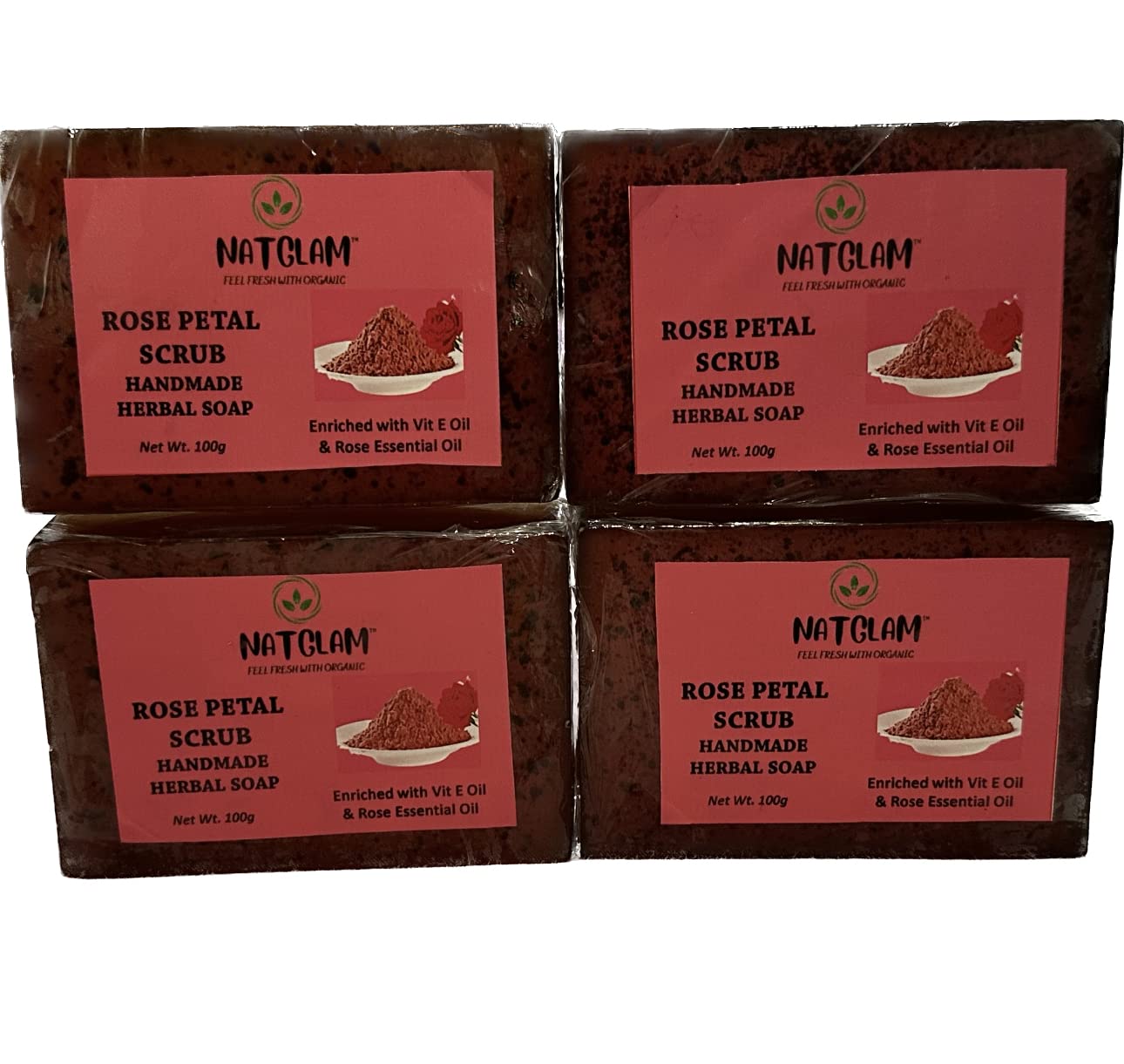 NATGLAM Rose Petal Handmade Natural Bath Soap | Moisturizing Soap | Anti-Pollution Soap | Exfoliating soap Enriched with Vitamin E (Pack of 4)100 grm