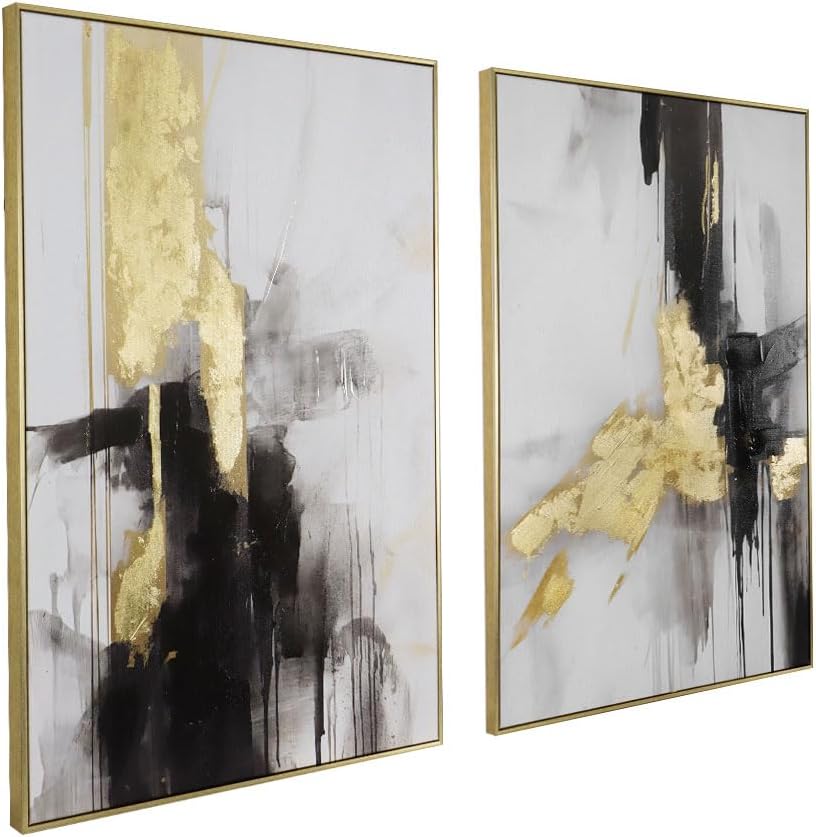 Black Gold Abstract Wall-Art Decor: Morden canvas artwork for living room, 24 x 36 inchx2 Framed 24" x 36" x 2 Panels Framed Black&Gold 1