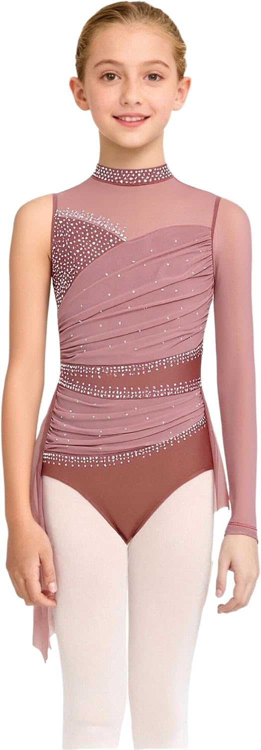 Girls Ballet Dance Dress Mesh Long Sleeve Rhinestones Figure Skating Leotard Tween Lyrical Dance Dress