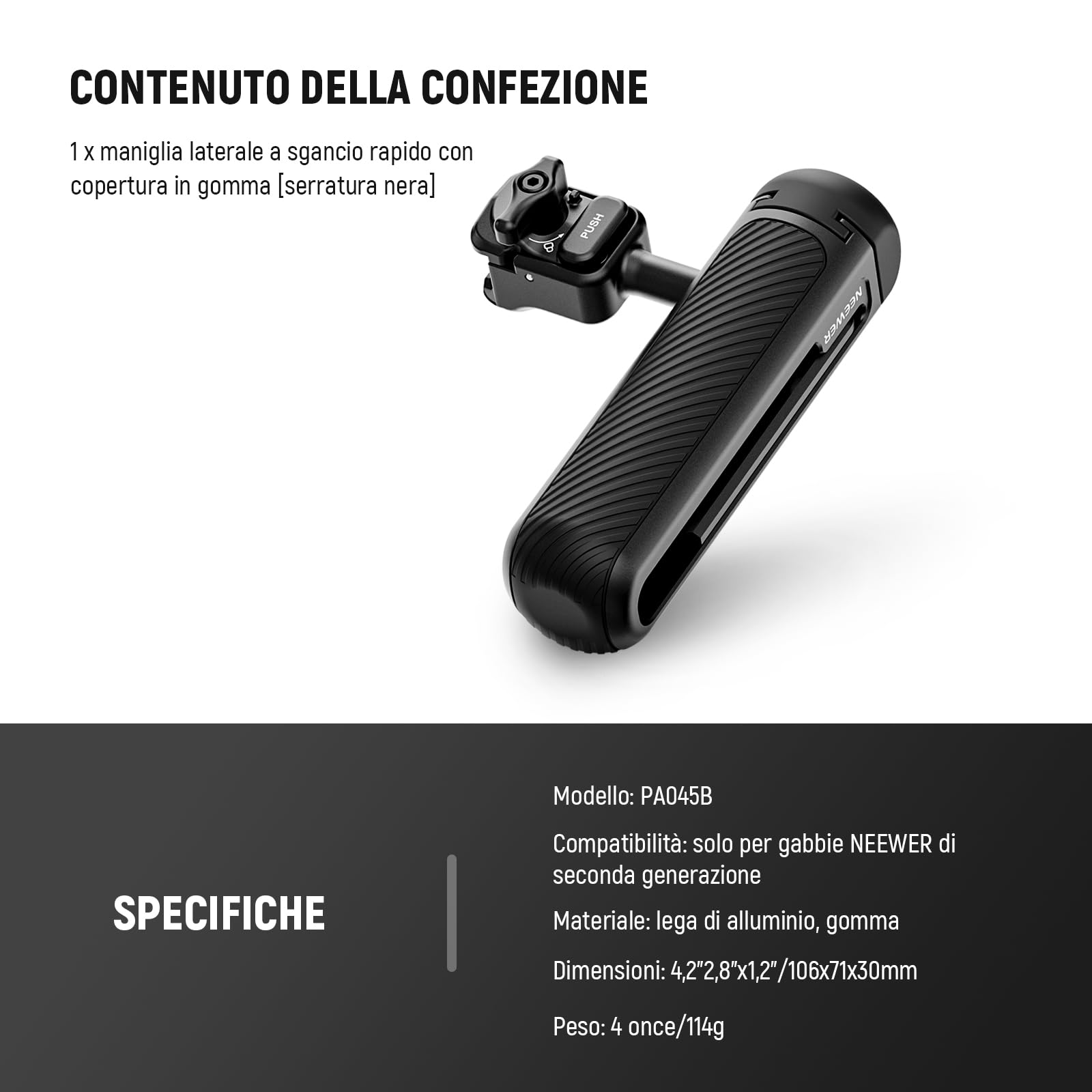 NEEWER Maniglia Laterale a Sgancio Rapido per Gabbia Telefono PA073 PA074 per iPhone 16 Pro/16 Pro Max, PA042 per Samsung S24 Ultra, con Cold Shoe Coperta, Perno Anti Caduta, Blocco Nero, PA045B