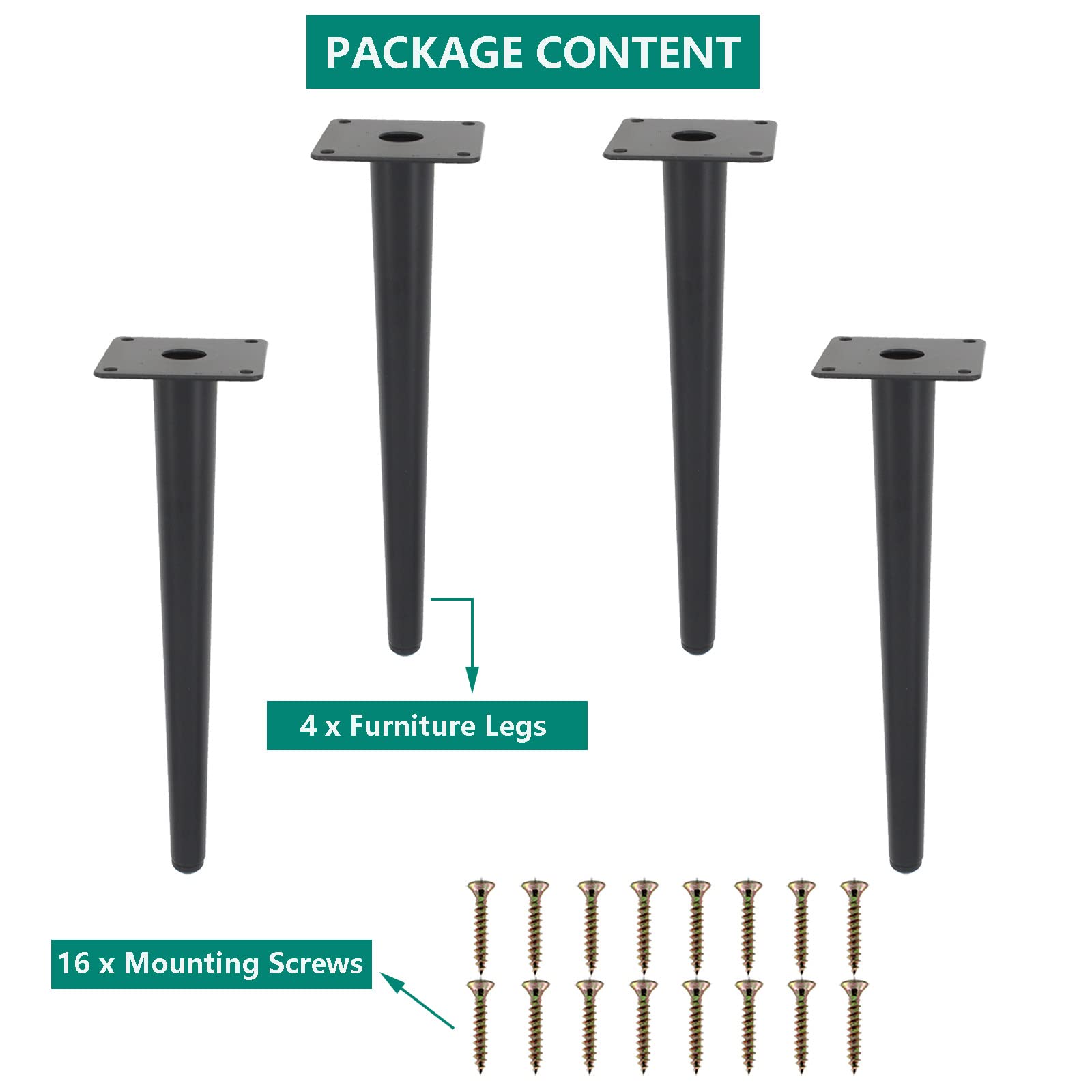 Confezione da 4 gambe per mobili, rotonde, affusolate, in metallo resistente, per divano, armadio, bar, letto, tavolo, sedia, divano, ottomana, cassettiera, scrivania, progetti fai da te per