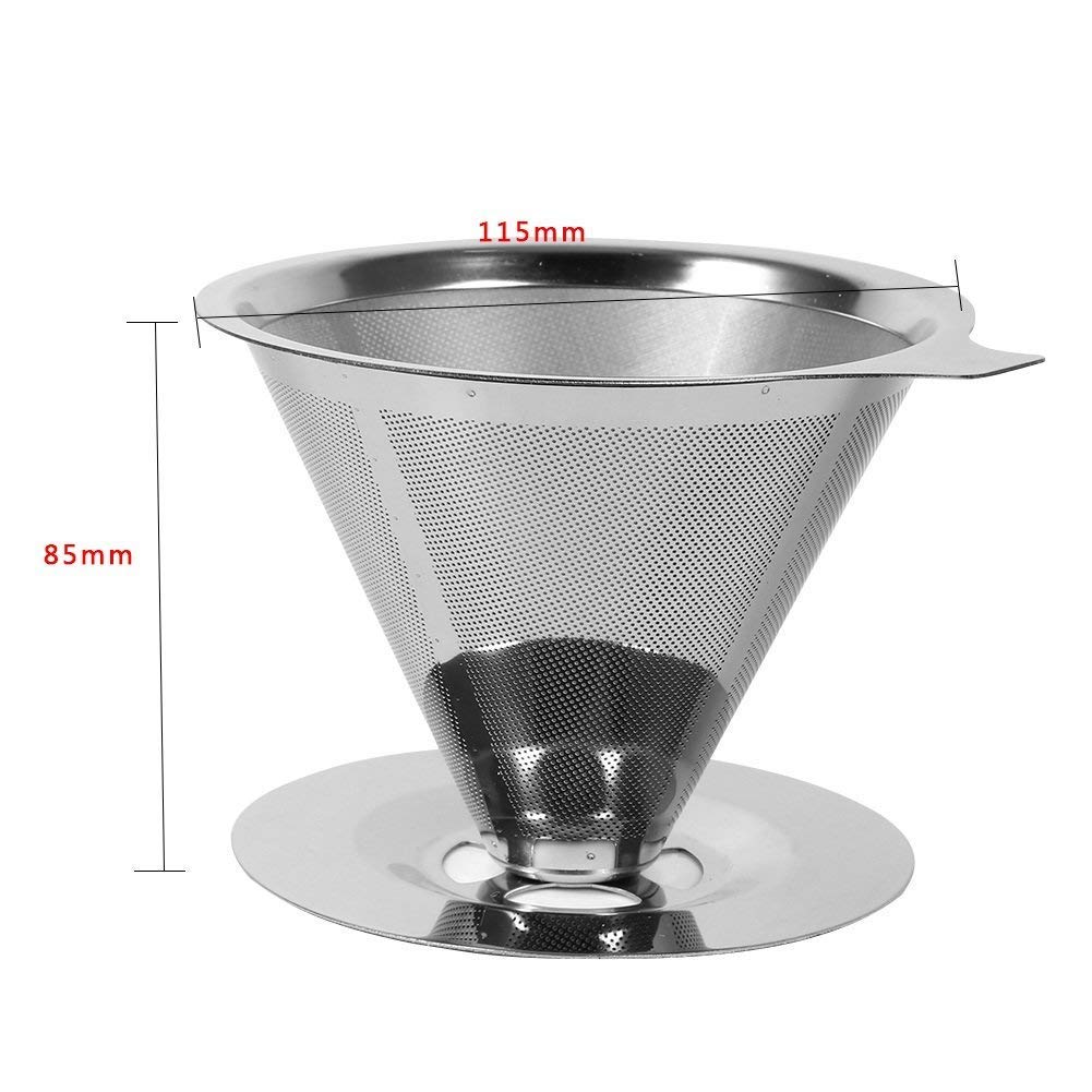 Stainless Steel Pour Over Coffee Dripper – Paperless Reusable Filter, With Brush & Spoon – For Travel, Home Brewing