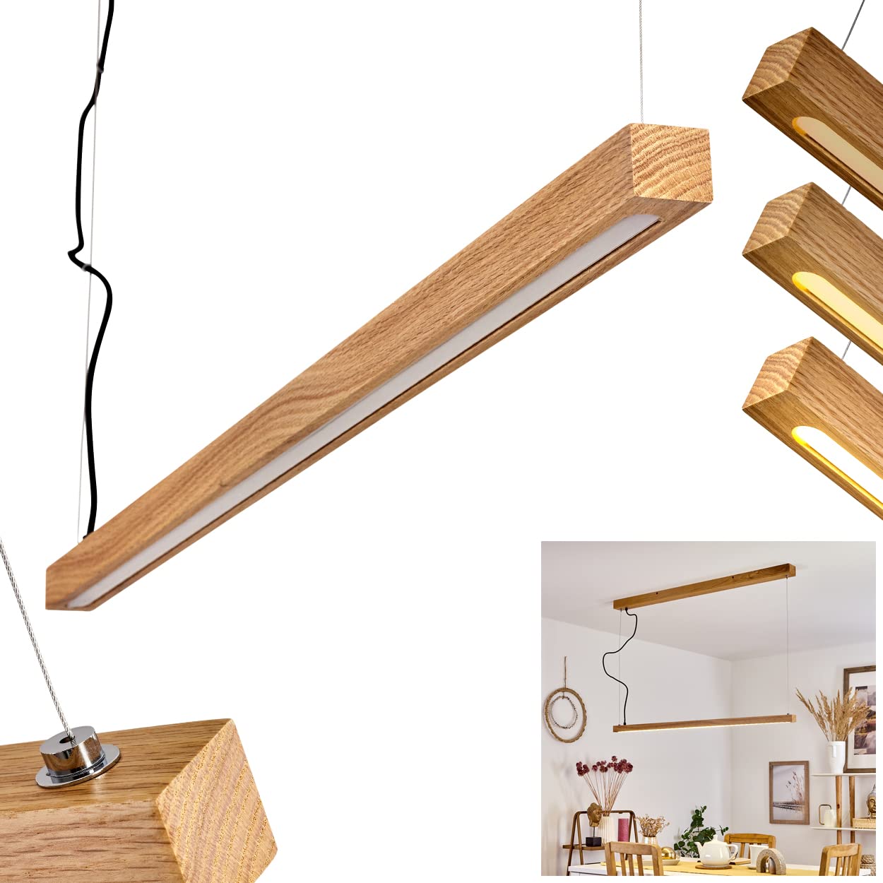 Hofstein Ecru, White Led Pendant Light Disentis, Hanging Light Made Of Wood/Metal In Natural/White, Max. Height 148 Cm (Adjustable), Led 27.5 Watt, Max. 3150 Lumen, 3000K, Dimmable
