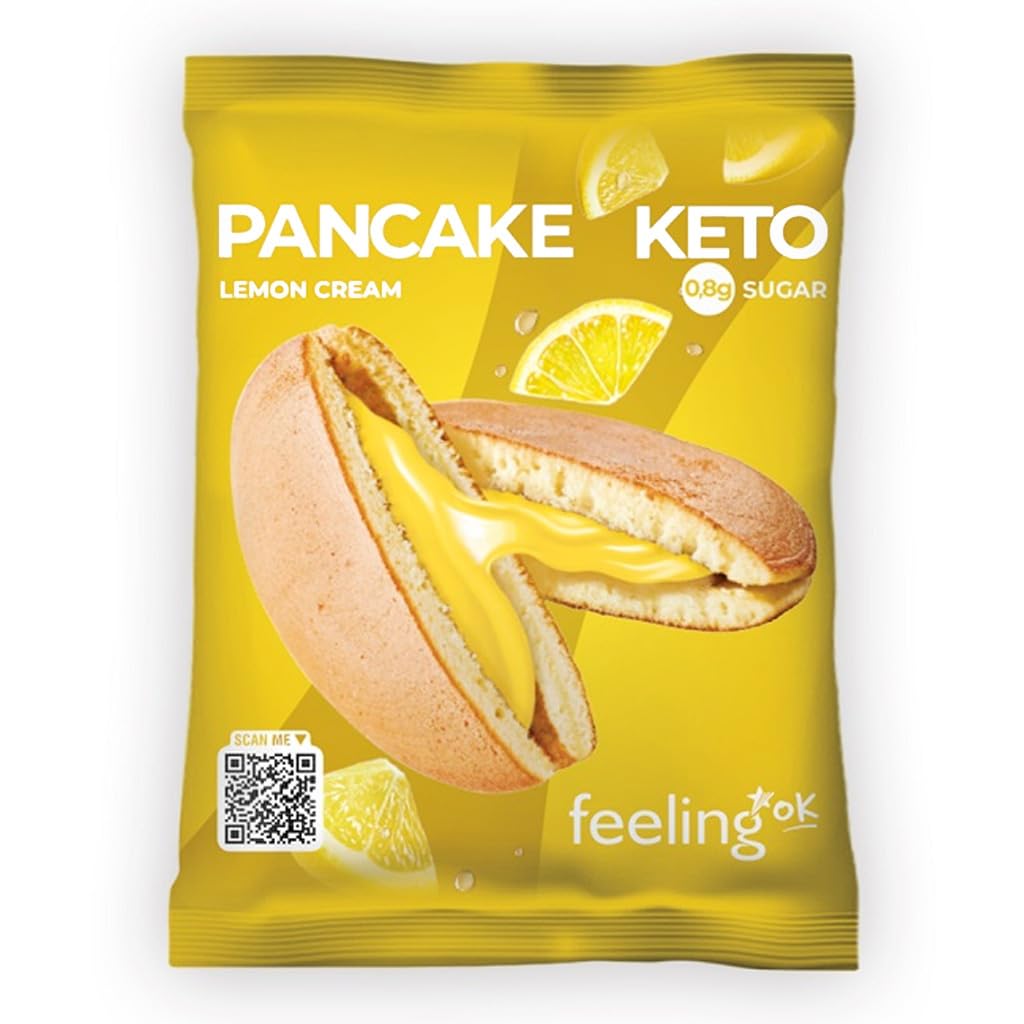Pancake KETO lemon cream.Con solo 4g di carboidrati a porzione e 0,8g di zucchero. Formato da 50g.