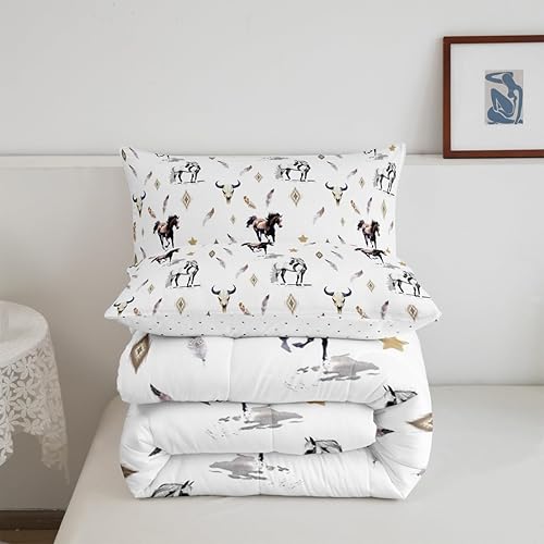 Miniatura 6 de Juego de edredón de caballo, tamaño Queen, juego de ropa de cama de 3 piezas con diseño de calavera de toro occidental, juego de edredón azteca con