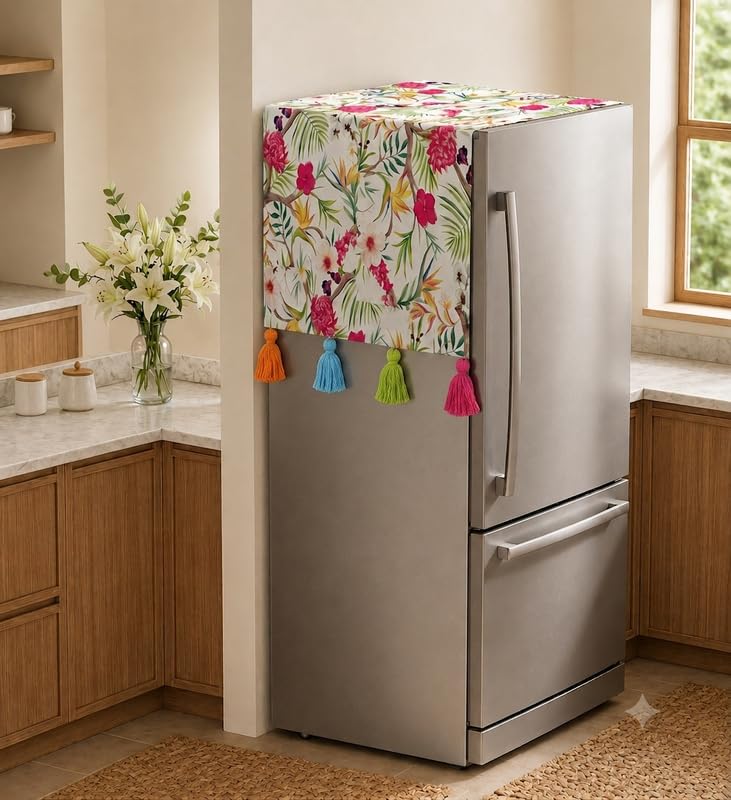 Image of Double Door Fridge Cover 400+L | 450 GSM Durable Fridge Top Cover with Tassels |Fits Godrej, LG, Haier, Samsung Models| Dustproof Refrigerator Cover Mat in Floral Print | WWW.THROWPILLOW.IN