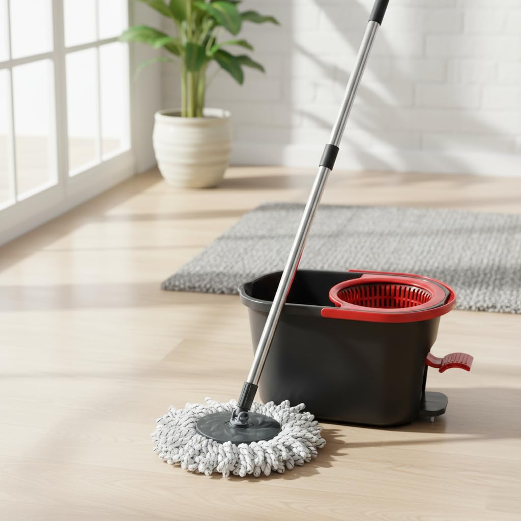 Mop mocio sistema automatico lavapavimenti con centrifuga Push & Spin, mocio rotante con secchio 13lt a pedale e con panno lavaggio in microfibra, rotomop con manico fisso 110cm, pulizia pavimenti