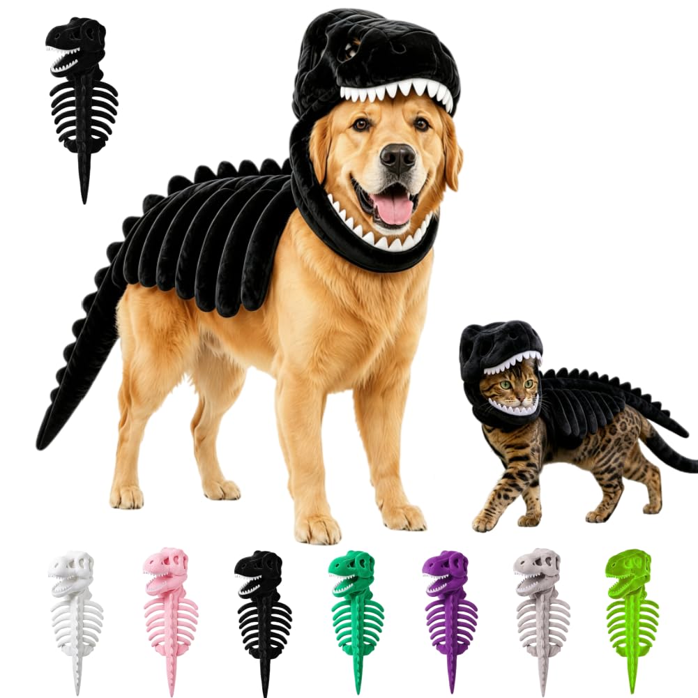 Dinosaur Skeleton Cat dog Costume,3D Skeleton Design (Black, XXL(47.24))