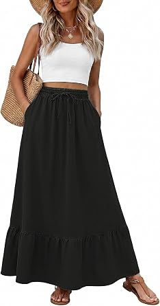 Heymoments Maxi Skirts for Women High Waisted Flowy 2026 A Line Cute Pleated Casual Beach Long Skorts with Pockets