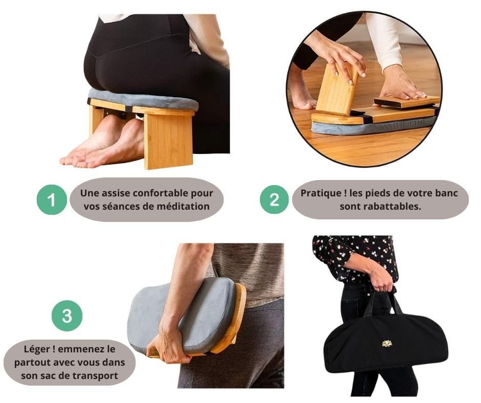 Banc de méditation Pliable Noir Lotus avec Coussin et Sac – Image 4
