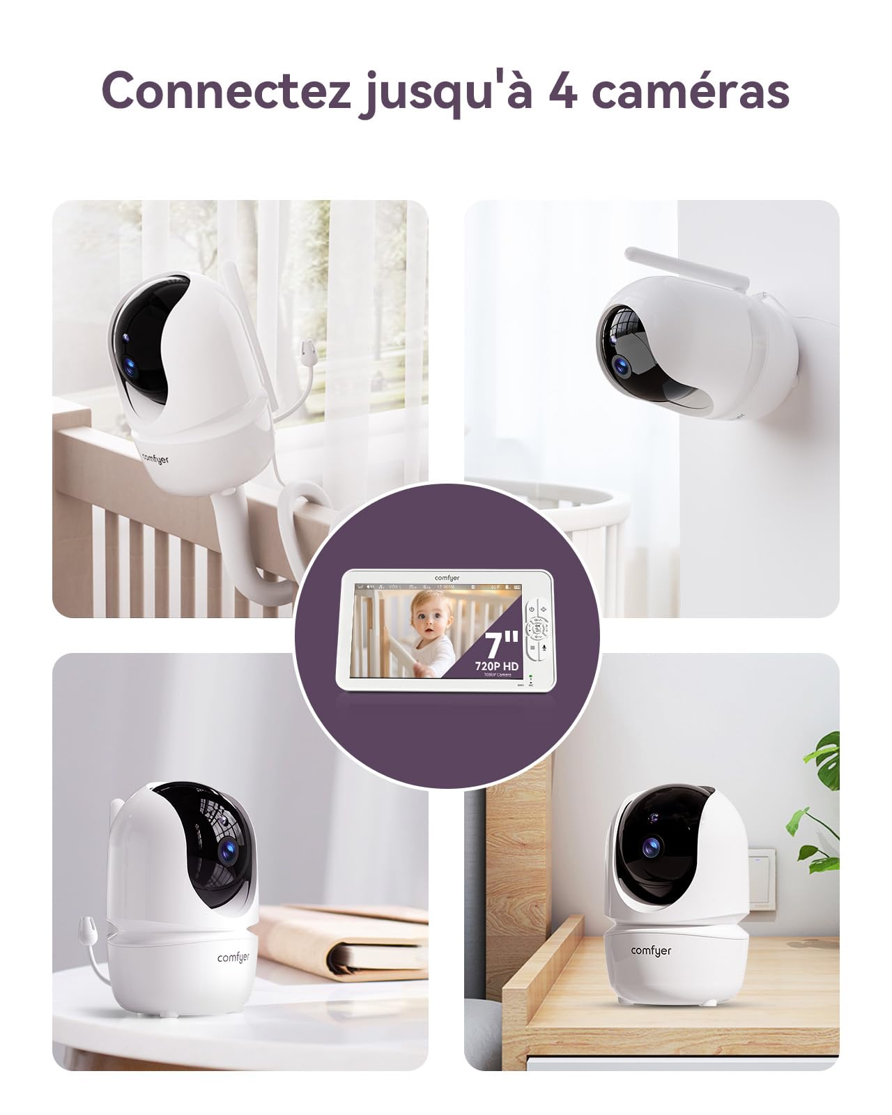 Comfyer BM01 Babyphone Caméra Complémentaire - Extension de Vue pour Bébé, 1080P, PTZ 355° x 120°, Appairage Automatique, Capteur de Température, Vision Nocturne, 2.4 GHz, Berceuses