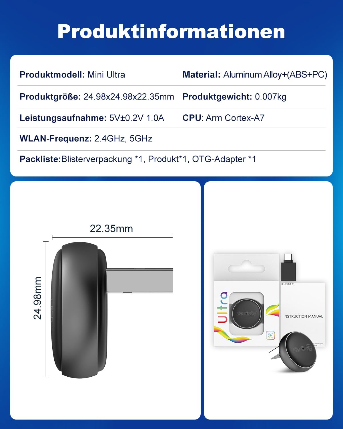 Carlinkit Wireless CarPlay & Android Auto Adapter – Mini Ultra 3, wandelt OEM-Kabelverbindung in kabelloses CarPlay/Android Auto für iPhone & Android 11+, USB-A/Type-C Plug & Play, Online-Upgrade