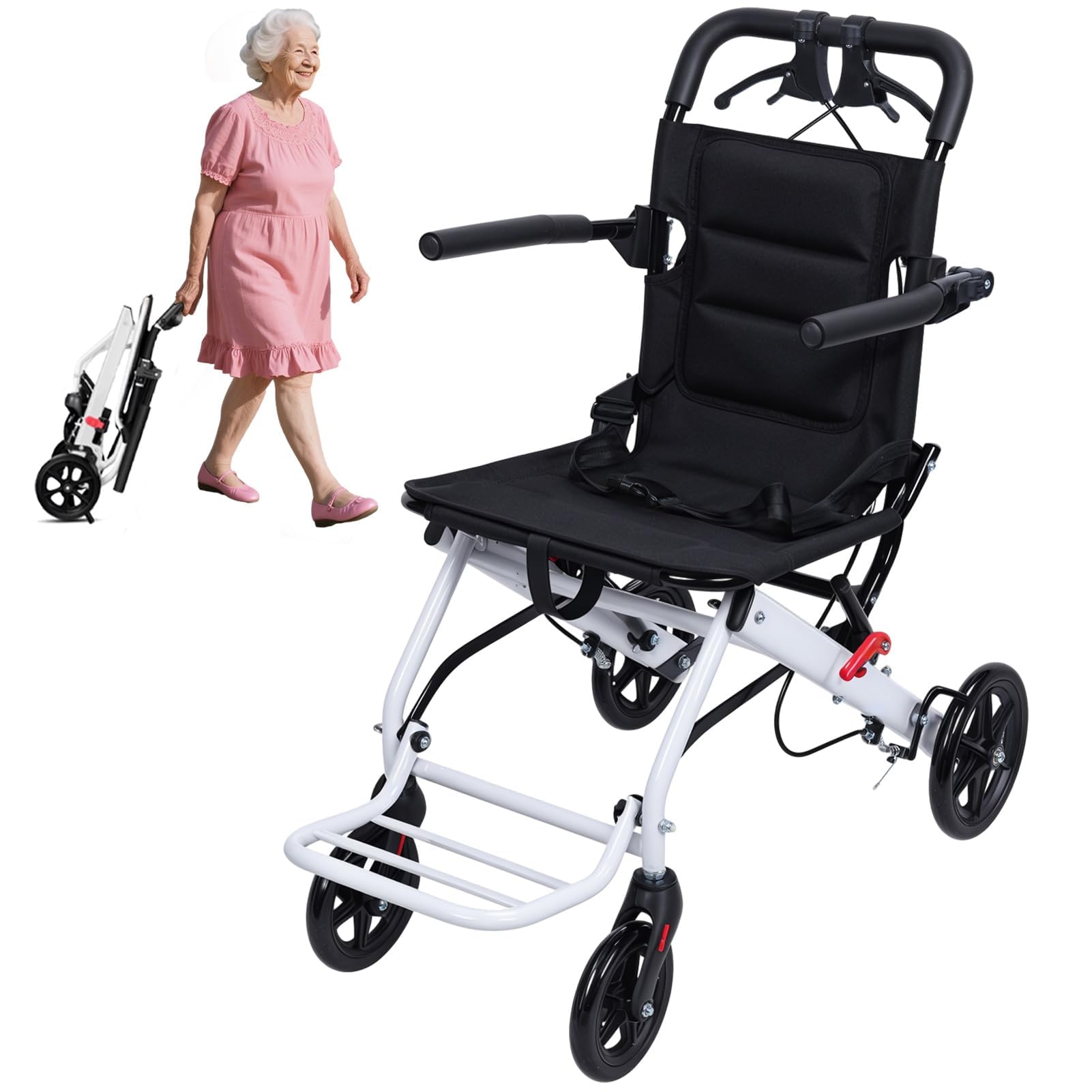 Lekkie składane wózki inwalidzkie dla dorosłych, przenośne krzesła transportowe z podnóżkami, regulowany pasek bezpieczeństwa, aluminiowa rama, kółka PU, do 150 kg, składane wózki inwalidzkie dla