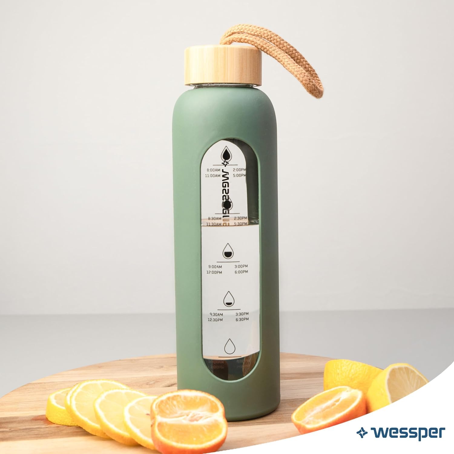 Wessper Botella de Agua Cristal, Botella 500 ml Motivadora con Escala de Hidratación, Botellas de Vidrio Borosilicato con Funda de Silicona, Material Seguro sin BPA - Oliva — view 8