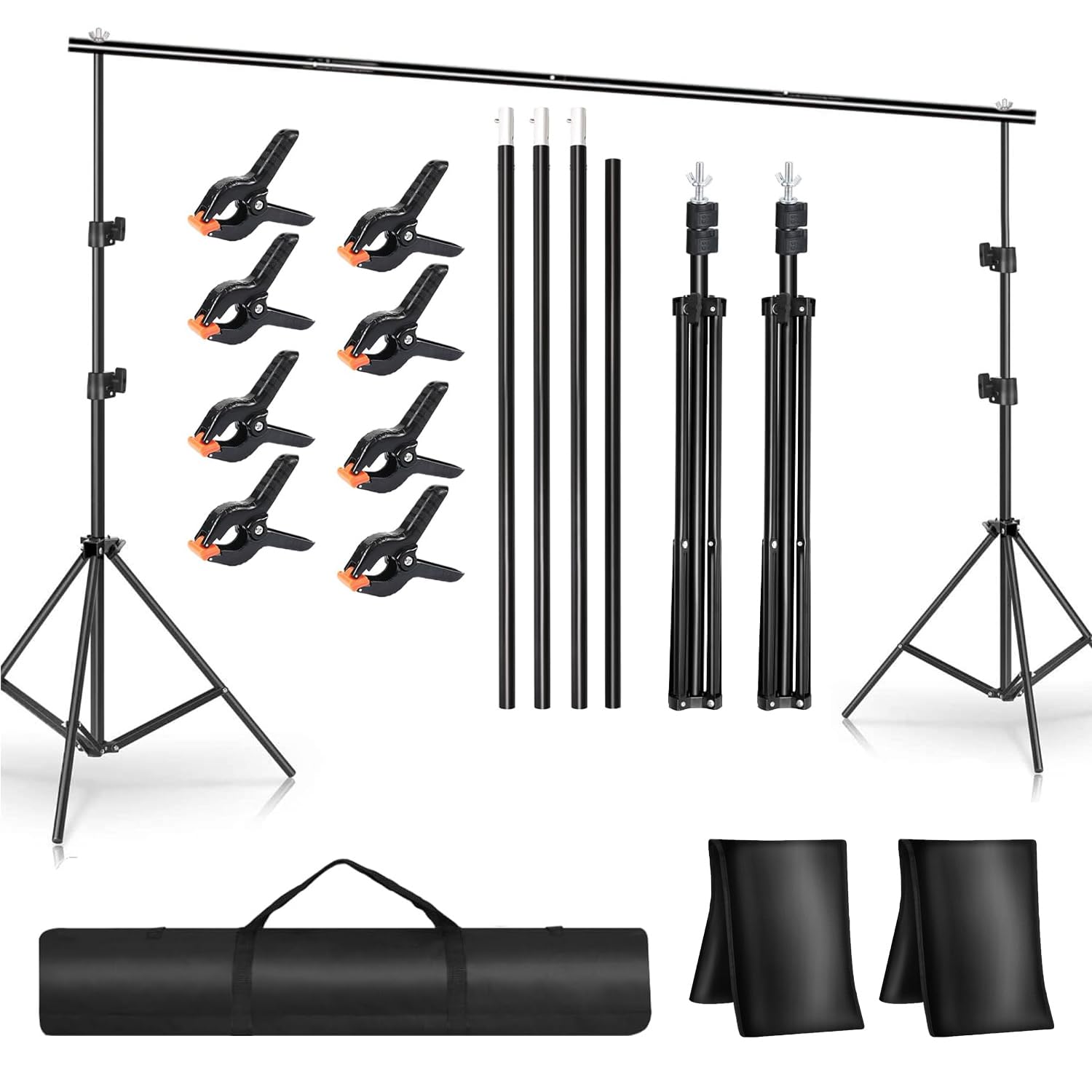 Supporto Fondale Fotografico 2,1 x 3 m, Supporto per Sfondo Fotografico, Kit di Sfondo Regolabile con 8 Morsetti, 2 Sacchi di Sabbia, 1 Borsa per il Trasporto, per Studio Fotografico, Ritratto