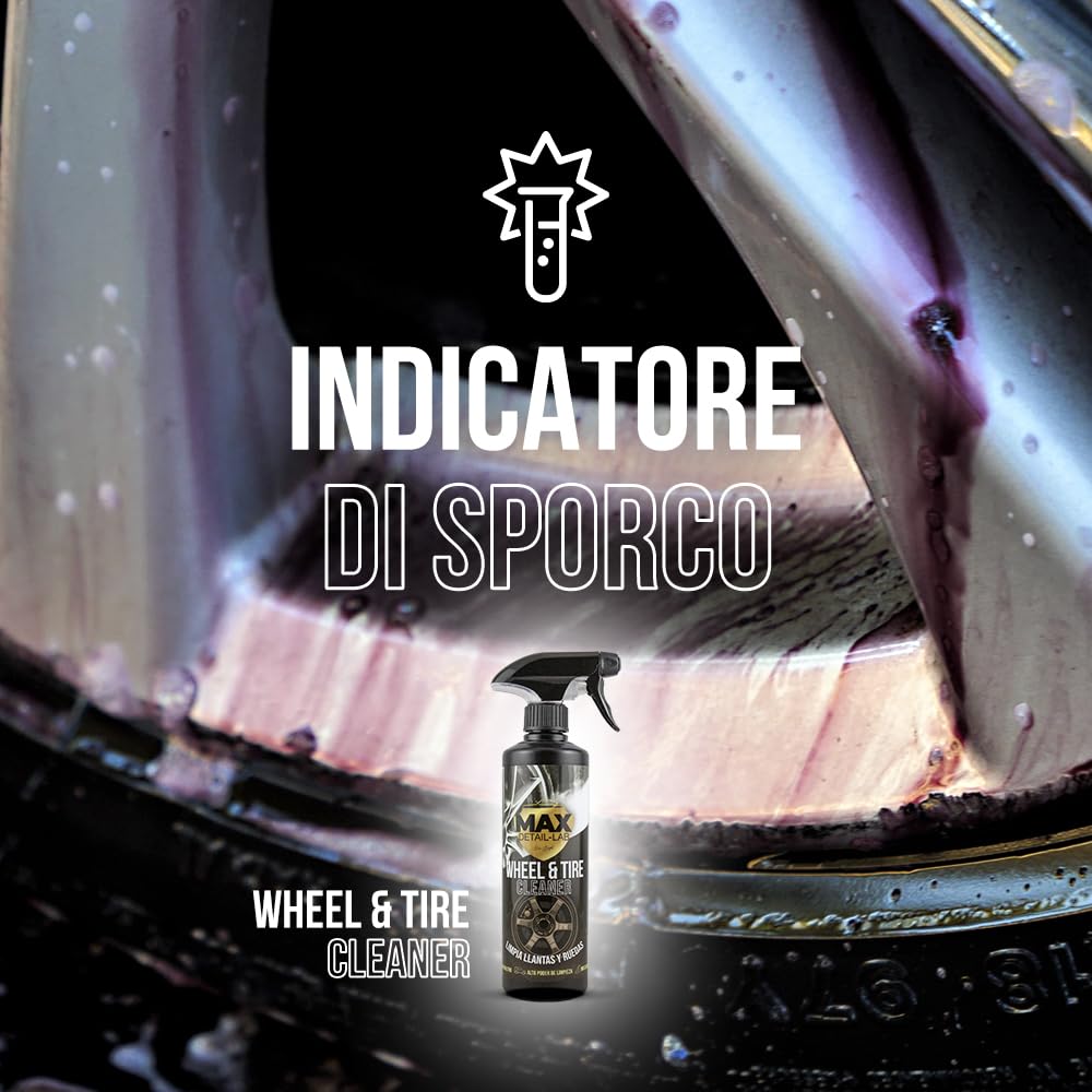 MAX DETAIL-LAB - Wheel & Tire - Pulizia Cherchi Auto Iron Remover Senza Acidi, Decontaminante Tripla Azione Senza Sfregamento, Adatto per Cerchi in Lega e Moto, Pulitore Lavaggio Detailing Car, 5L