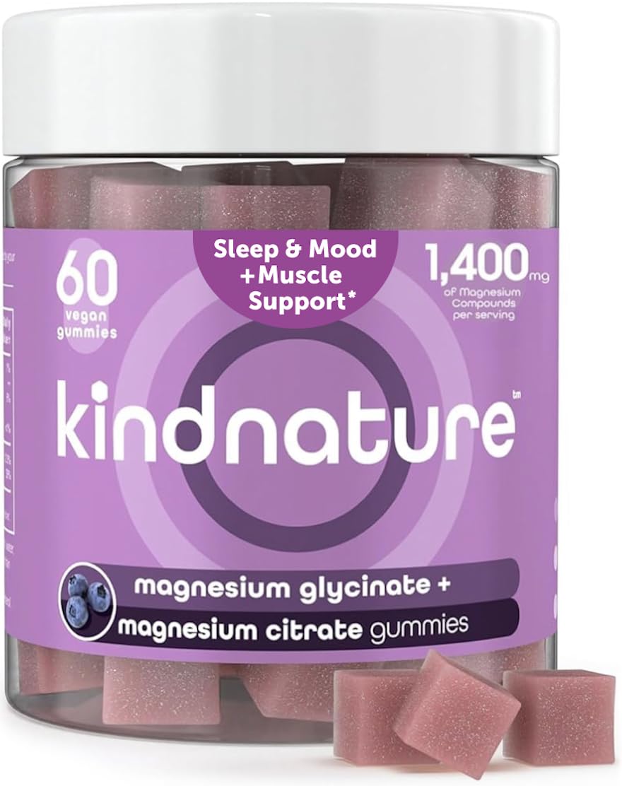 KINDNATURE Magnesium Glycinate & Citrate Gummies – Calm Magnesium Complex for Sleep, Stress, Cramps & Digestion – Chewable Vegan Magnesium Supplement for Women, Teens, Adults – 60 Ct