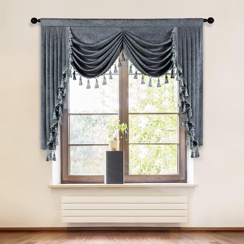 ELKCA Thick Chenille Window Curtains Valance for Living Room Burgundy Red Waterfall Valance for Holiday/Festival,Rod Pocket (W98, 1 Panel)