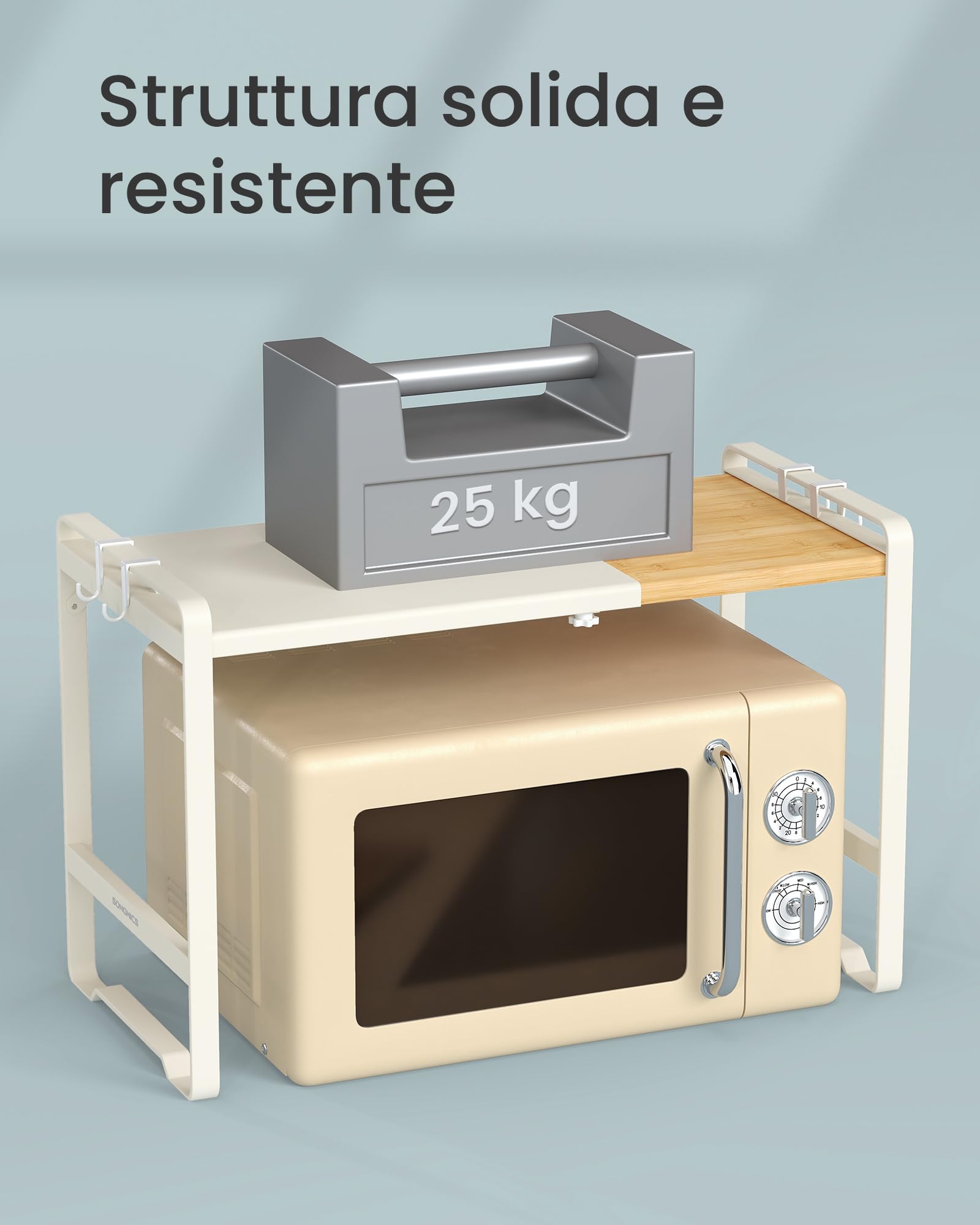 SONGMICS Mensola Microonde Estensibile, Scaffale Supporto Forno a Microonde, Larghezza Regolabile da 41,5 a 64 cm, Cucina, Acciaio e Bambù, 4 Ganci, Bianco Crema e Bambù Chiaro KCS060W01