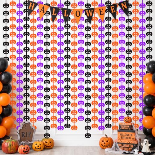 Image of TONIFUL 2Pc Black Orange Purple Pumpkin Cutout Metallic Foil Fringe Curtain | 3.3ftx6.6ft Photo Booth Backdrop Door Tinsel Streamers Curtains, Props for Halloween Fall Birthday Harvest Party Decorations