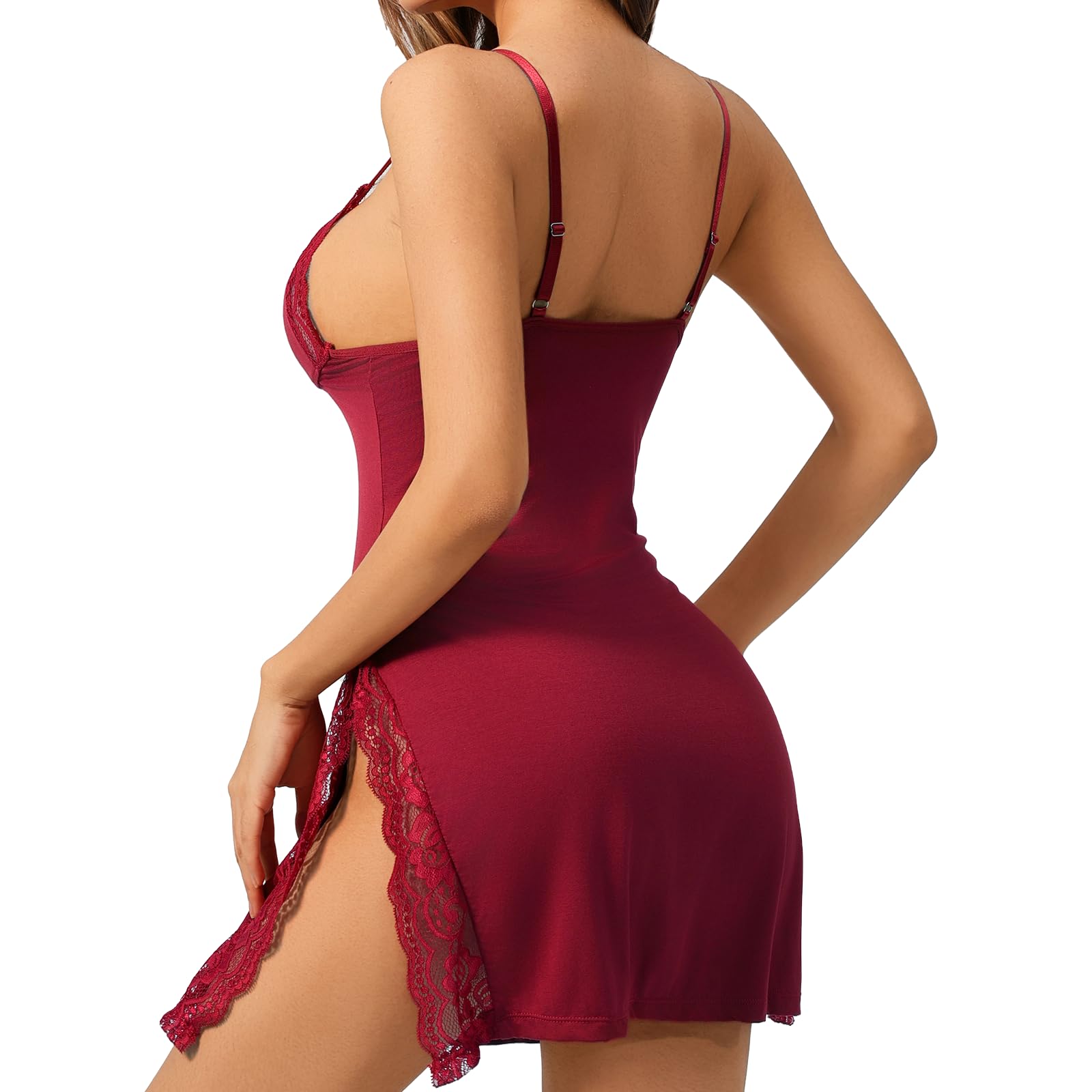 Vestido de dormir con ribete de encaje para mujer, camisón sexy con abertura lateral, vestido de noche babydoll