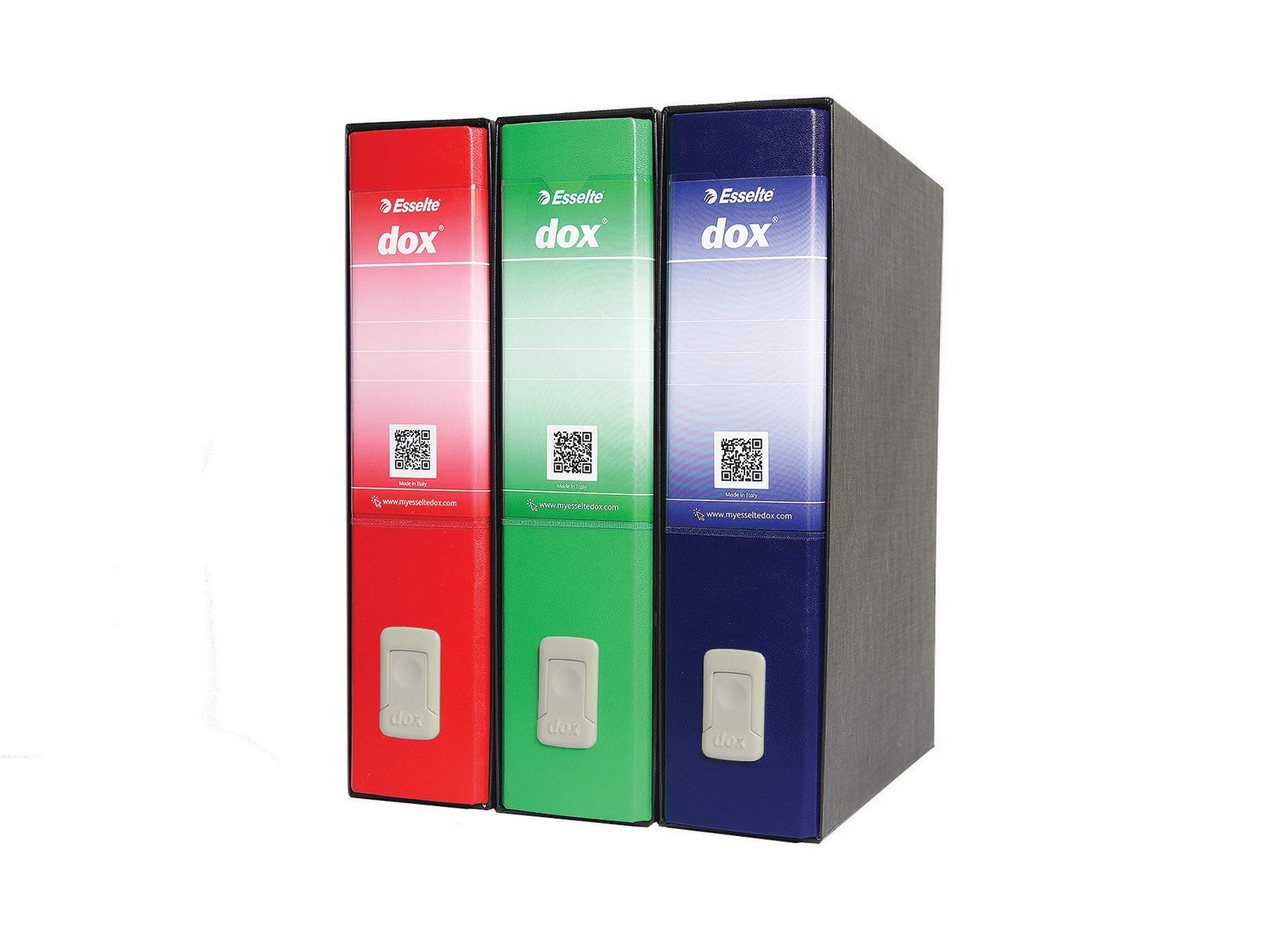 Esselte TriDox Classic, Dox2 Confezione da 3 Raccoglitori con Meccanismo a Leva in Formato Protocollo, 8,5 cm x 35,2 cm x 28,8 cm, Blu, Rosso e Verde