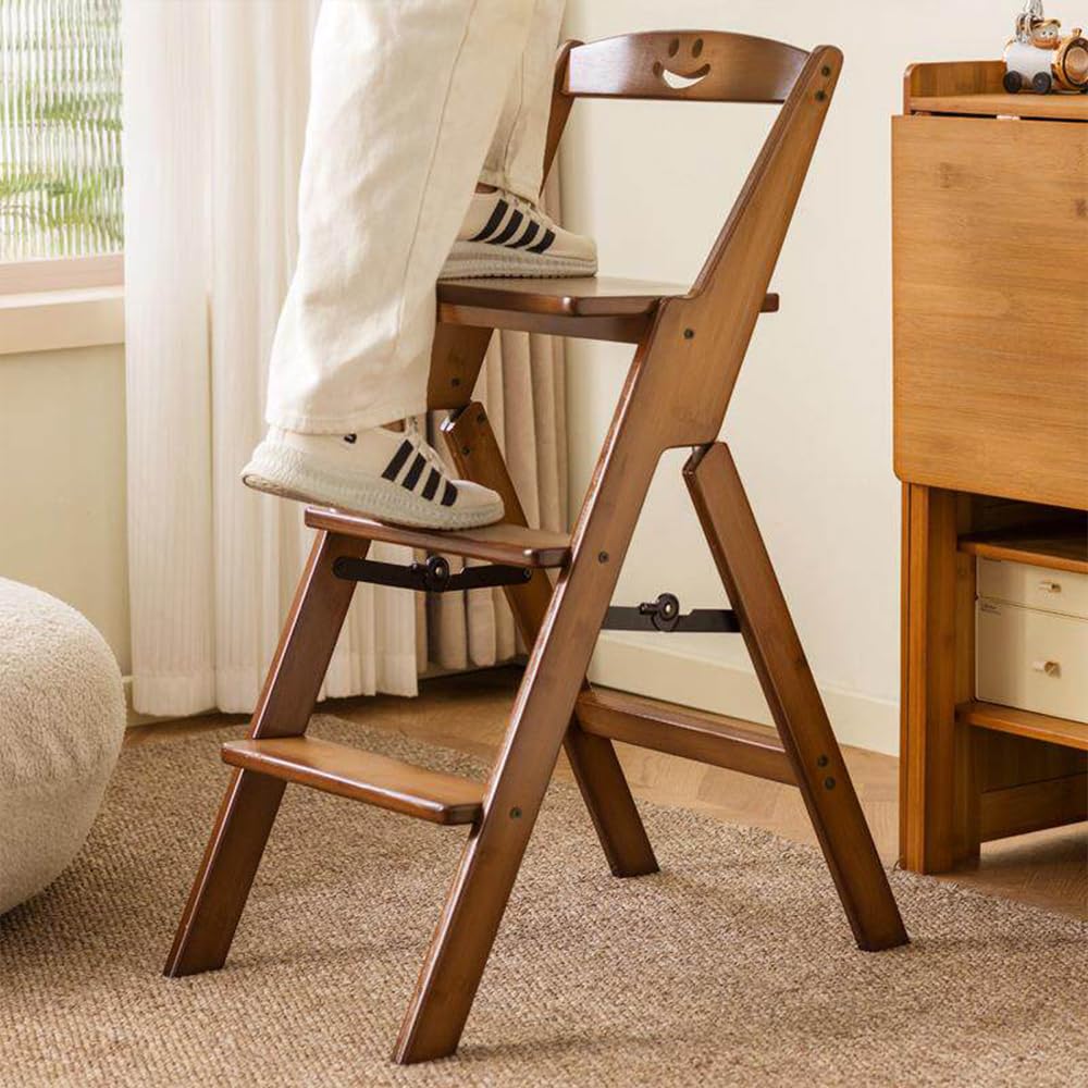 Folding Step Ladder Chair Step Stool Walnut Brown Kitchen Stool Sturdy Space-Saving Kitchen Library Steps 3-Step Multipurpose Ladder for Home and Kitchen