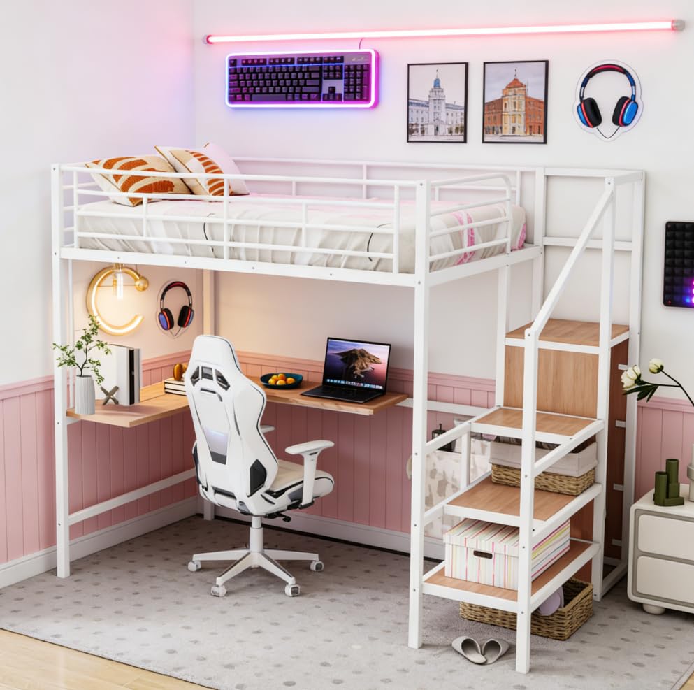 Image of Bellemave Full Size Loft Bed with Desk and Wardrobe and Storage Stairs, Loft Beds for Adults, Kids, Teens Metal, White