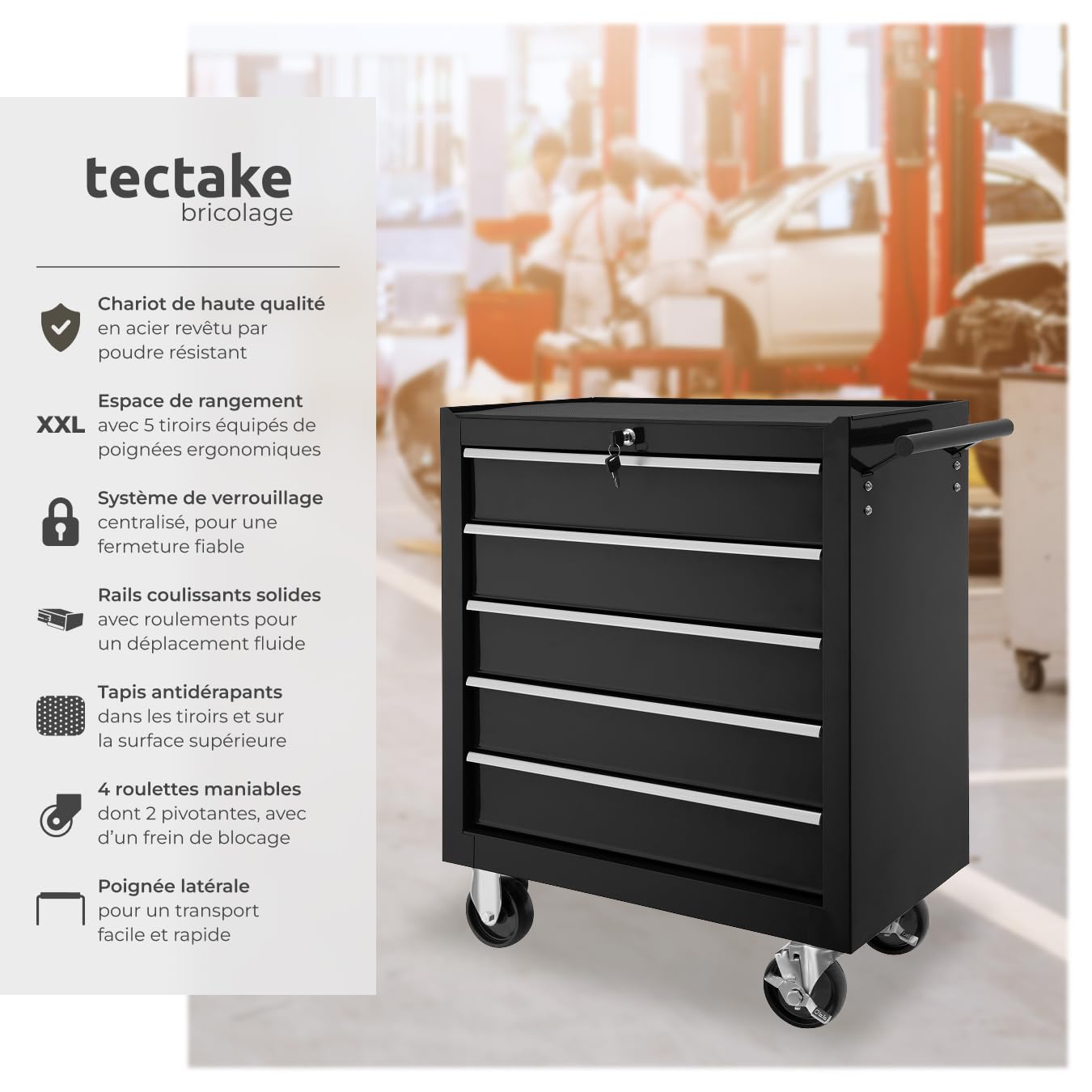 tectake® Chariot d'atelier Metallique Servante d'atelier Vide Trolley Professionnel 5 Tiroirs spacieux Verrouillables Chariot a Roulette pour Rangement Atelier Garage - Noir