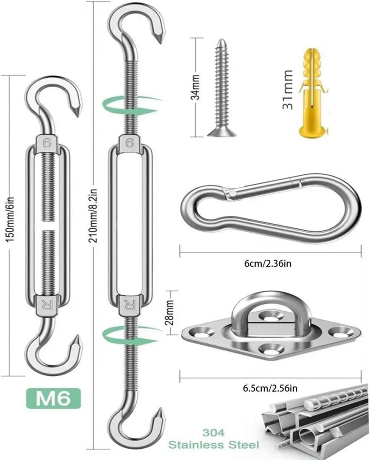 Shade Sail Hardware Kit 2sets Shade Sail Hardware Kit Triangle Patio Shade Sail Hardware Kit Fixing Accessories Canopy Supplies for Sail Tensioning(6mm)