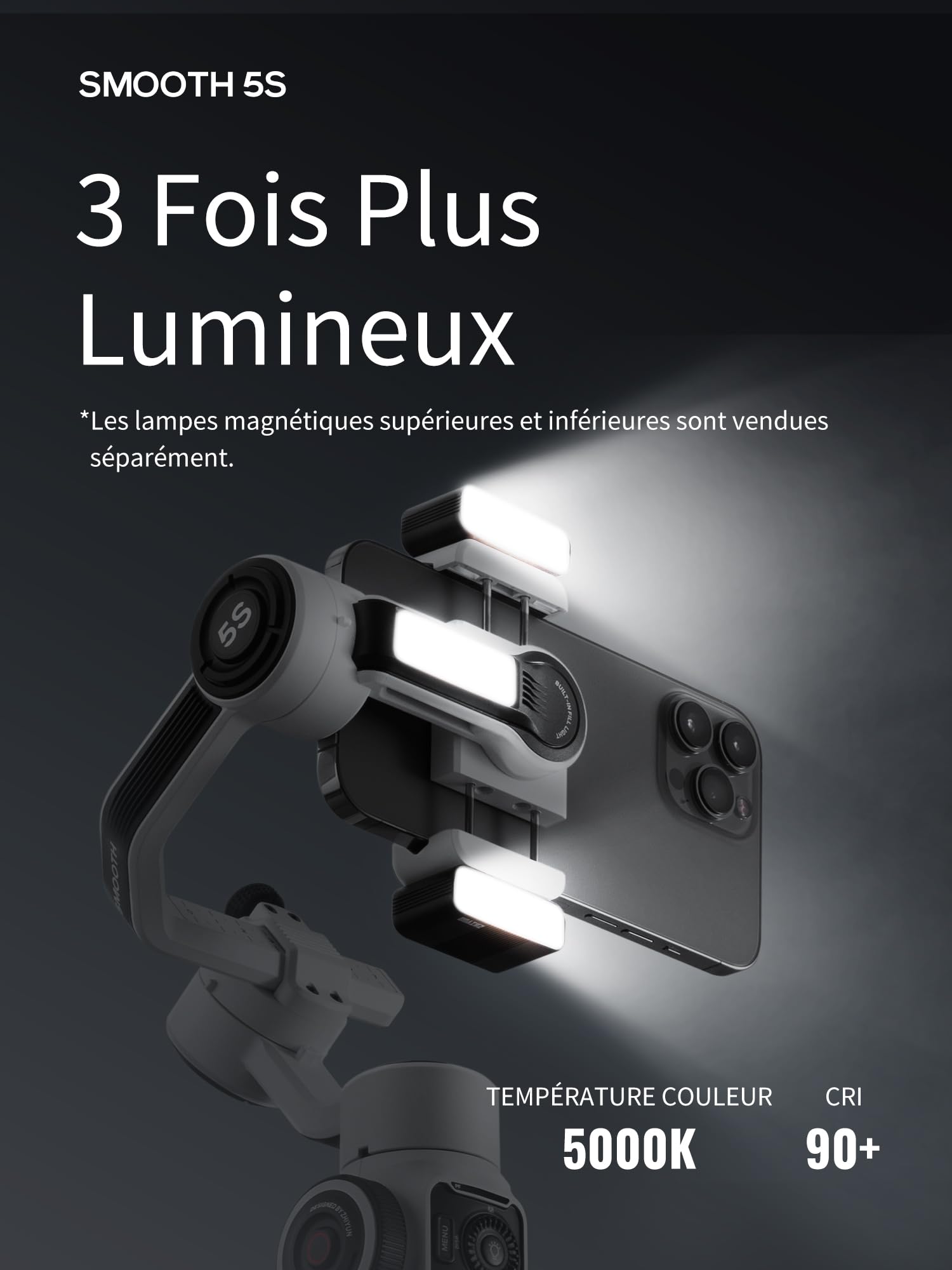 ZHIYUN Smooth-5S Combo [Official] Stabilisateur de cardan iPhone 3 Axes avec lumières magnétiques, cardan pour Smartphone avec trépied, stabilisateur de téléphone Portable pour FilmIC Pro, Vlog,