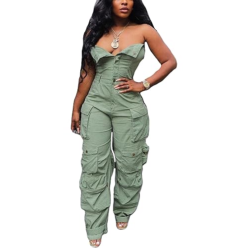 Tbahhir Women's Sexy Off Shoulder Tube Denim Cargo Jumpsuits Wide Leg Baggy Loose Jean Pants Rompers Overalls