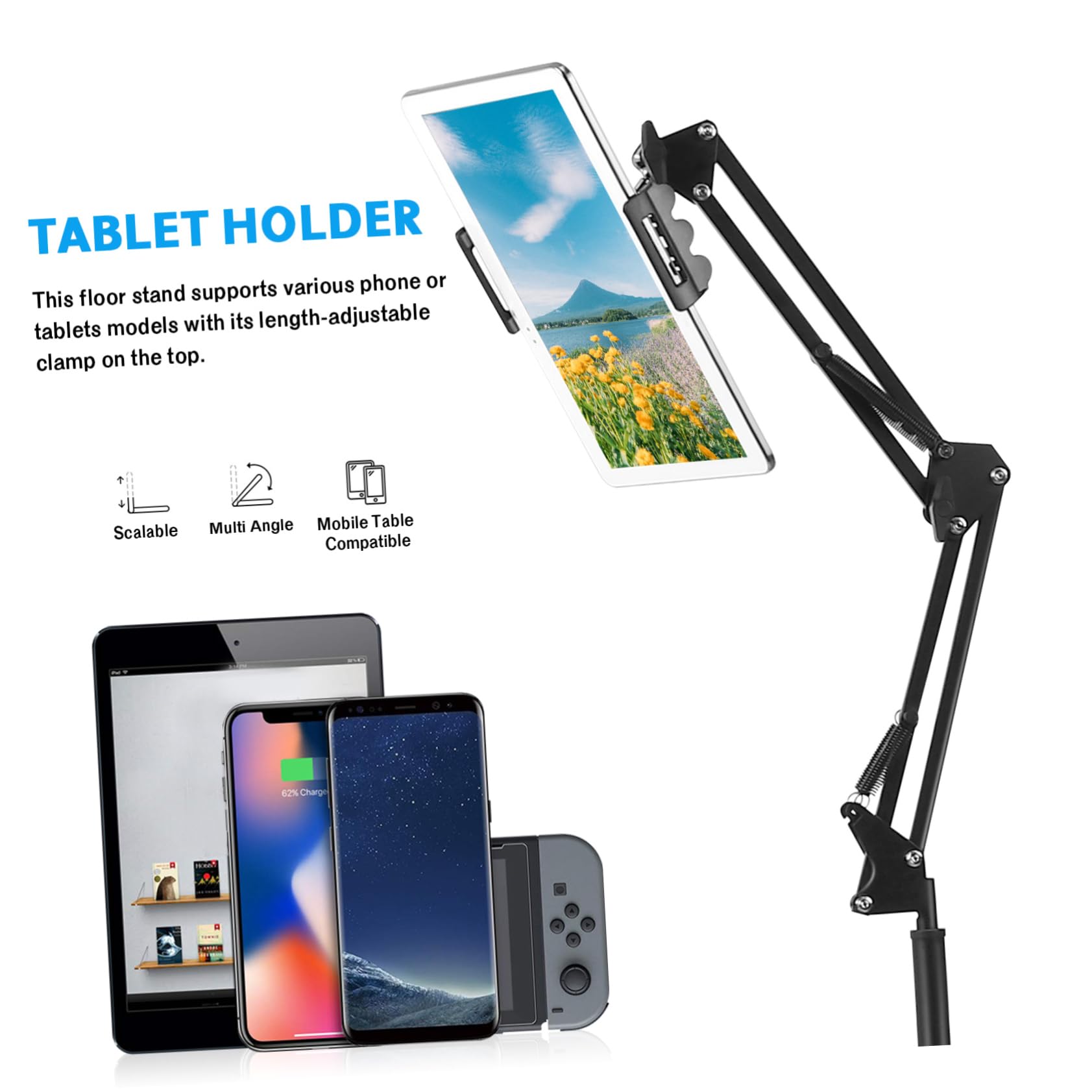 DOITOOL Supporto Telefono da Terra Girevole in Metallo Nero Regolabile | Tablet e Smartphone, Braccio Superiore Orientabile, Adatto per Camera e Ufficio