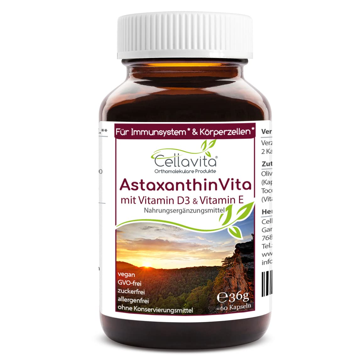 Cellavita – Astaxanthin mit Vitamin D+E – Nahrungsergänzungsmittel Vitamin D3 60 Kapseln – Unterstützung von Immunsystem, Körperzellen und Erhaltung von Knochen