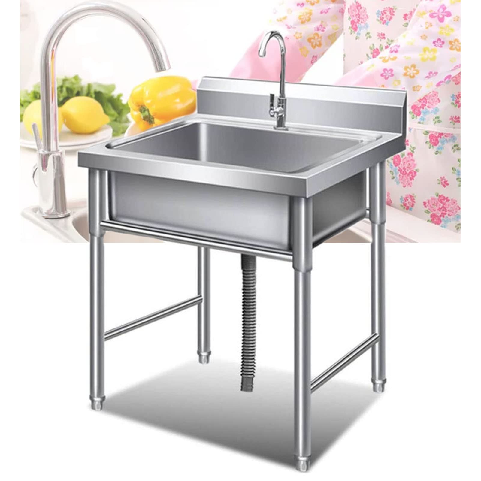 ZQFHSX 304 Stainless Steel 1-Compartment Utility Sink Commercial Grade Laundry Tub Culinary for Outdoor Indoor, Garage, Restaurant, Kitchen, Laundry（50cm/60cm