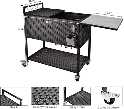 Miniatura 4 de HOSFO - Carro enfriador de 80 cuartos de galón para patio al aire libre con ruedas, baúl de mimbre portátil, barra de bebidas de ratán para fiesta