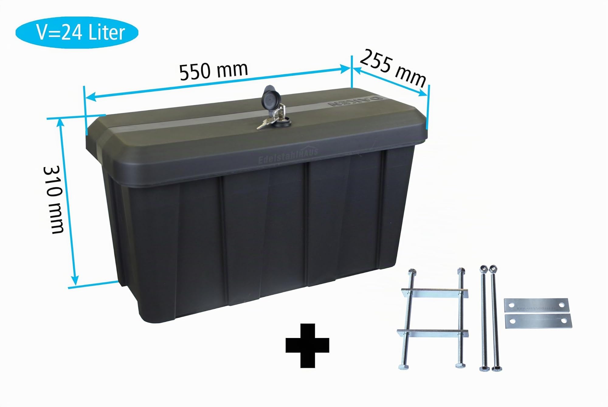 Deichselbox Daken Blackit Lite, Werkzeugkasten, Gurtkiste, Anhängerbox, Staukiste, Daken B24-2 + Montagesatz MON2012, Edelstahlhaus GmbH