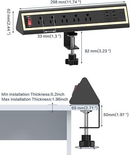 Miniatura 7 de Regleta de alimentación con abrazadera de escritorio con luz nocturna, carga rápida de 40 W, cable de extensión de 6 pies, USB-C de 4 x 20 W y 2