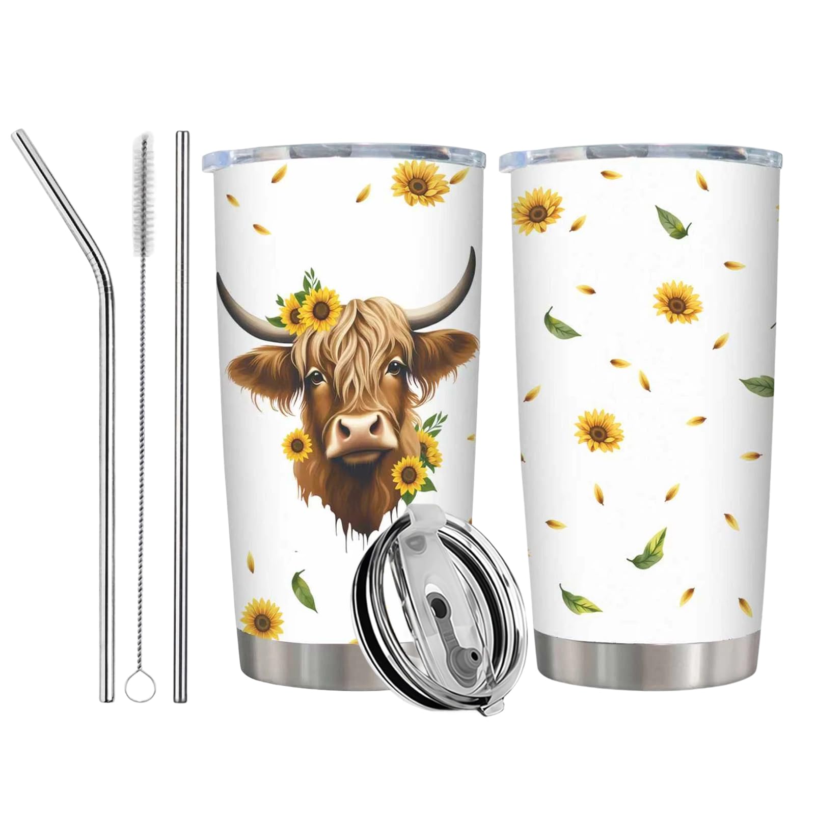 Highland Cow Gifts for Women, Sunflower Highland Cow Travel Mug, 20oz Cute Thermos Mug for Hot Cold Drinks, Large Capacity Stainless Steel Tumbler with Lid and Straws