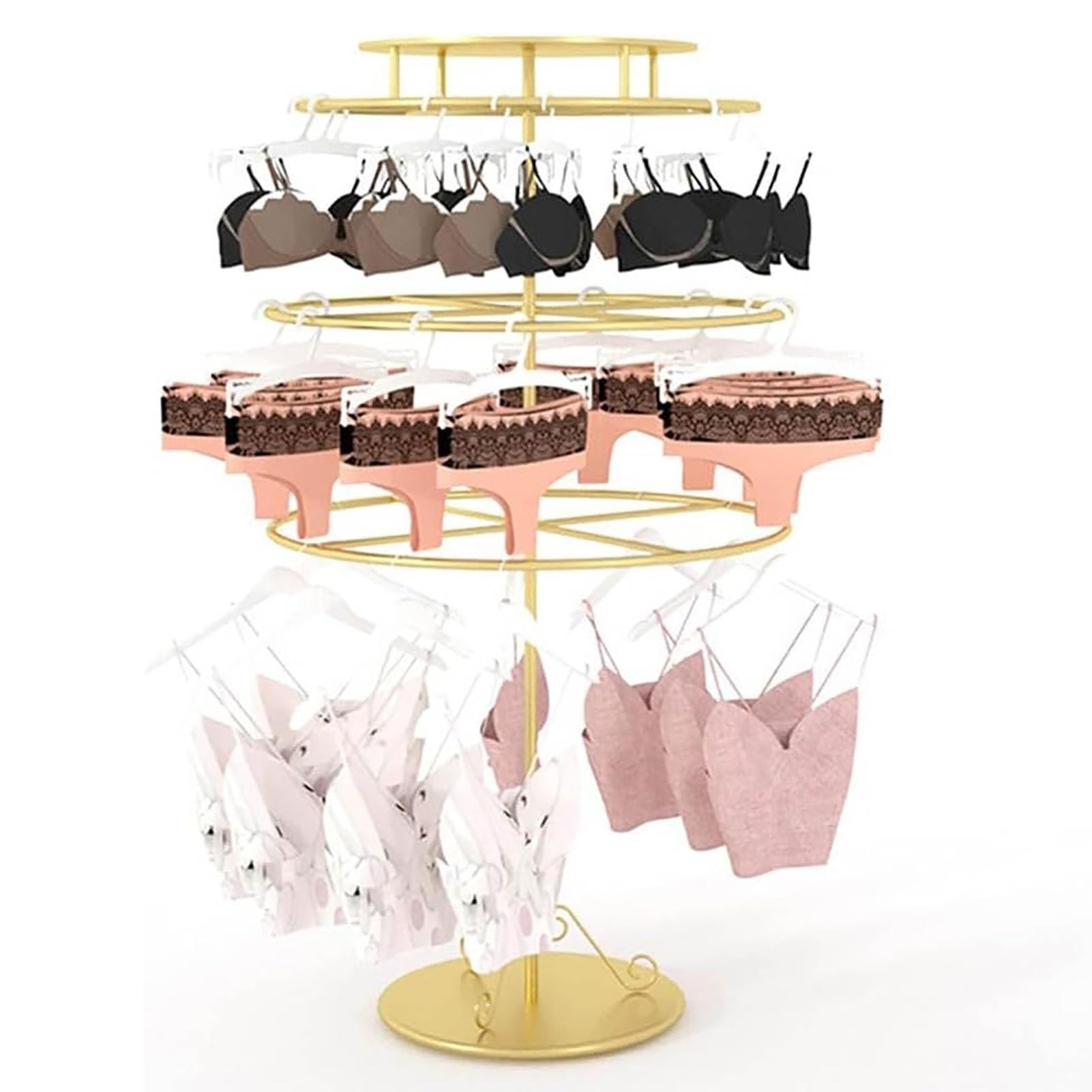 Kleiderständer für Unterwäsche, Goldener, dreistöckiger runder Kleiderständer - drehbarer Boutique-Präsentationsständer für BHS und Unterwäsche, freistehendes Ablagefach für Slips