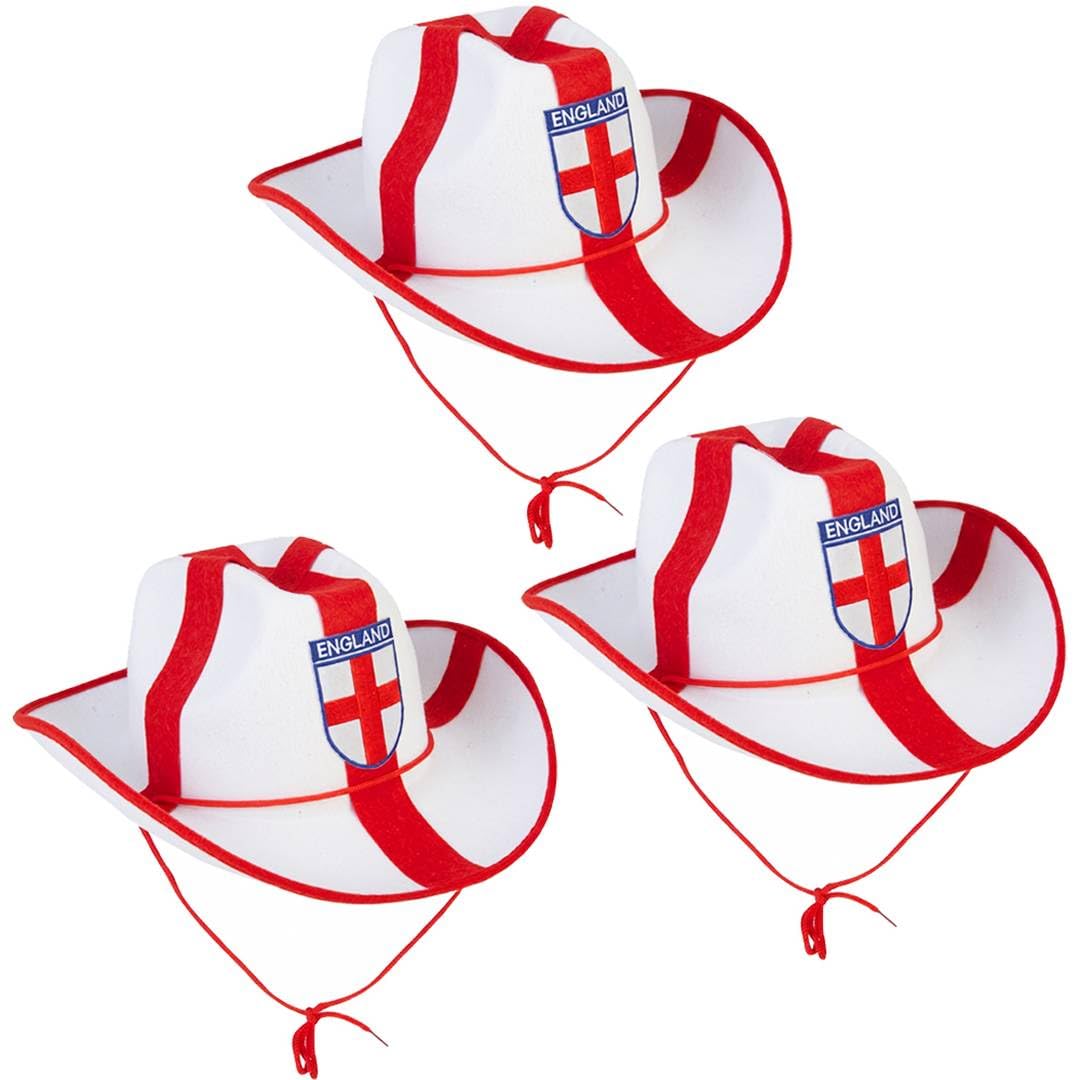 England Cowboy Hats - 3 Pack - St George Cross Western Fancy Dress Hat Group Parties English Flag Party Accessory for Rugby Cricket Football World Cup Euros St George’s Day & Festivals Sporting Events