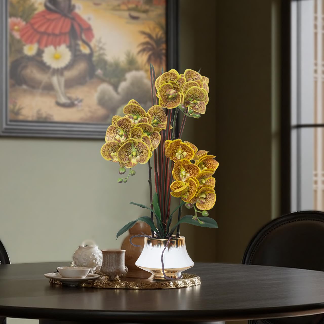 CXGS Orchids Artificial Flowers Real Touch Fake Flower in Ceramic Pot 20" Yellow Spots Faux Orchid Plant Lifelike Silk Phalaenopsis for Centerpiece Hotel Home Indoor Decor